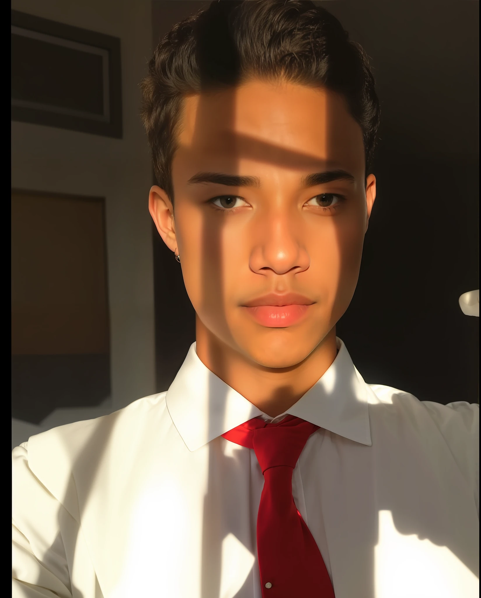 Arafed man in white shirt and red tie looking at the camera, with the sun shining on it, Tyler Mitchell style, Tyler Mitchell style photo, sun, nice afternoon lighting, morning sunlight, morning sunlight, suit and tie, suit and tie, suit and tie, suit and tie, is about