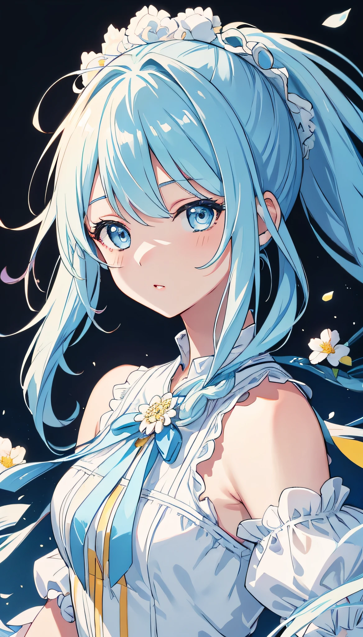 (masterpiece), (best quality), (ultra detailed),(disheveled hair),(illustration), (1girl), (Fashionable clothing), standing, Fashion model, looking at viewer, (interview), (simple background),beautiful detailed eyes, delicate beautiful face, Floating,(high saturation),(colorful splashes),colorful bubble,(shining), focus on face, ponytail, kamisato ayaka, light blue hair, bangs, hair ring, floating flowers, floating hairs, (shining), best lighting, best shadow,