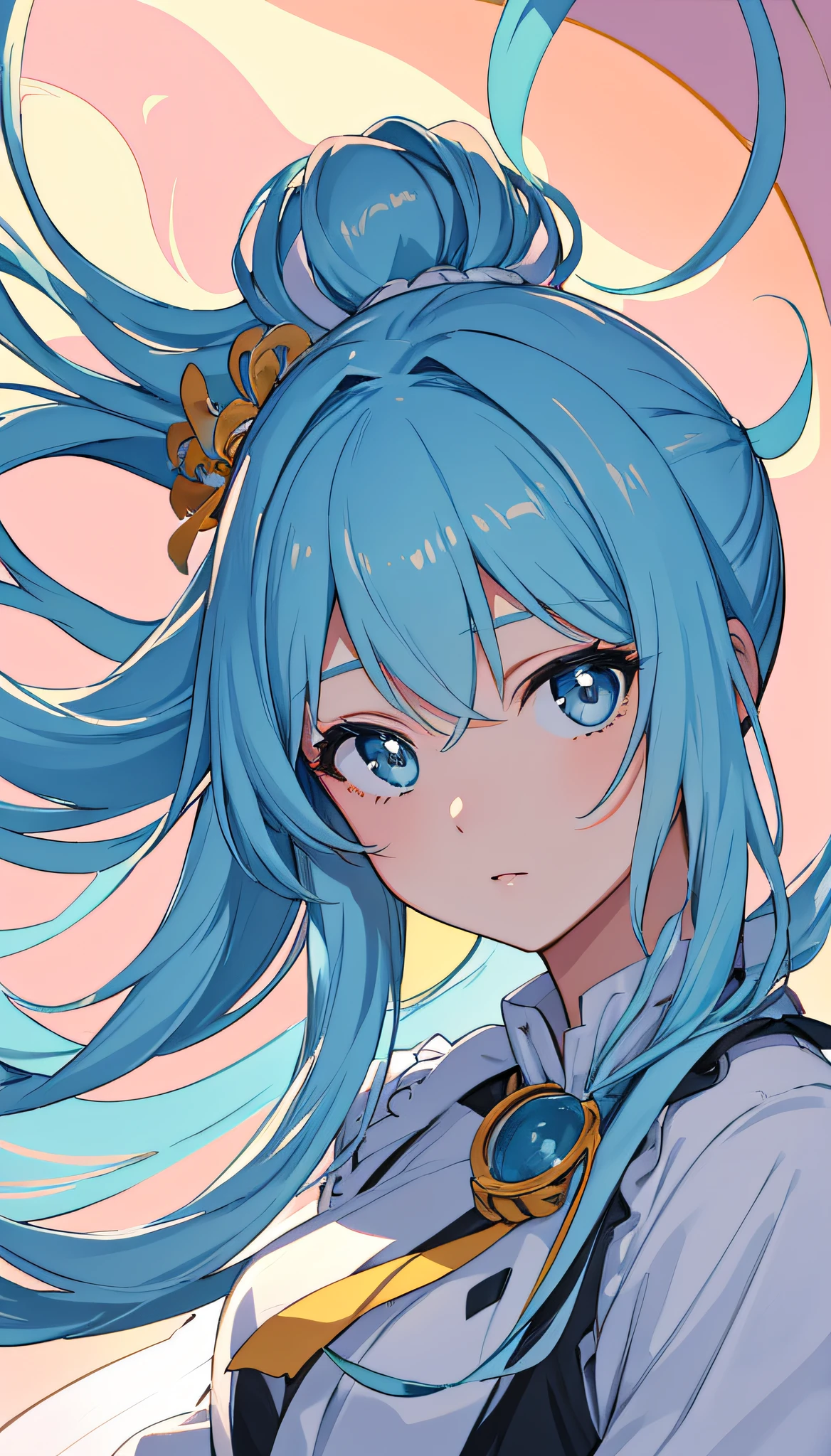 (masterpiece), (best quality), (ultra detailed),(disheveled hair),(illustration), (1girl), (Fashionable clothing), standing, Fashion model, looking at viewer, (interview), (simple background),beautiful detailed eyes, delicate beautiful face, Floating,(high saturation),(colorful splashes),colorful bubble,(shining), focus on face, ponytail, kamisato ayaka, light blue hair, bangs, hair ring, floating flowers, floating hairs, (shining), best lighting, best shadow,