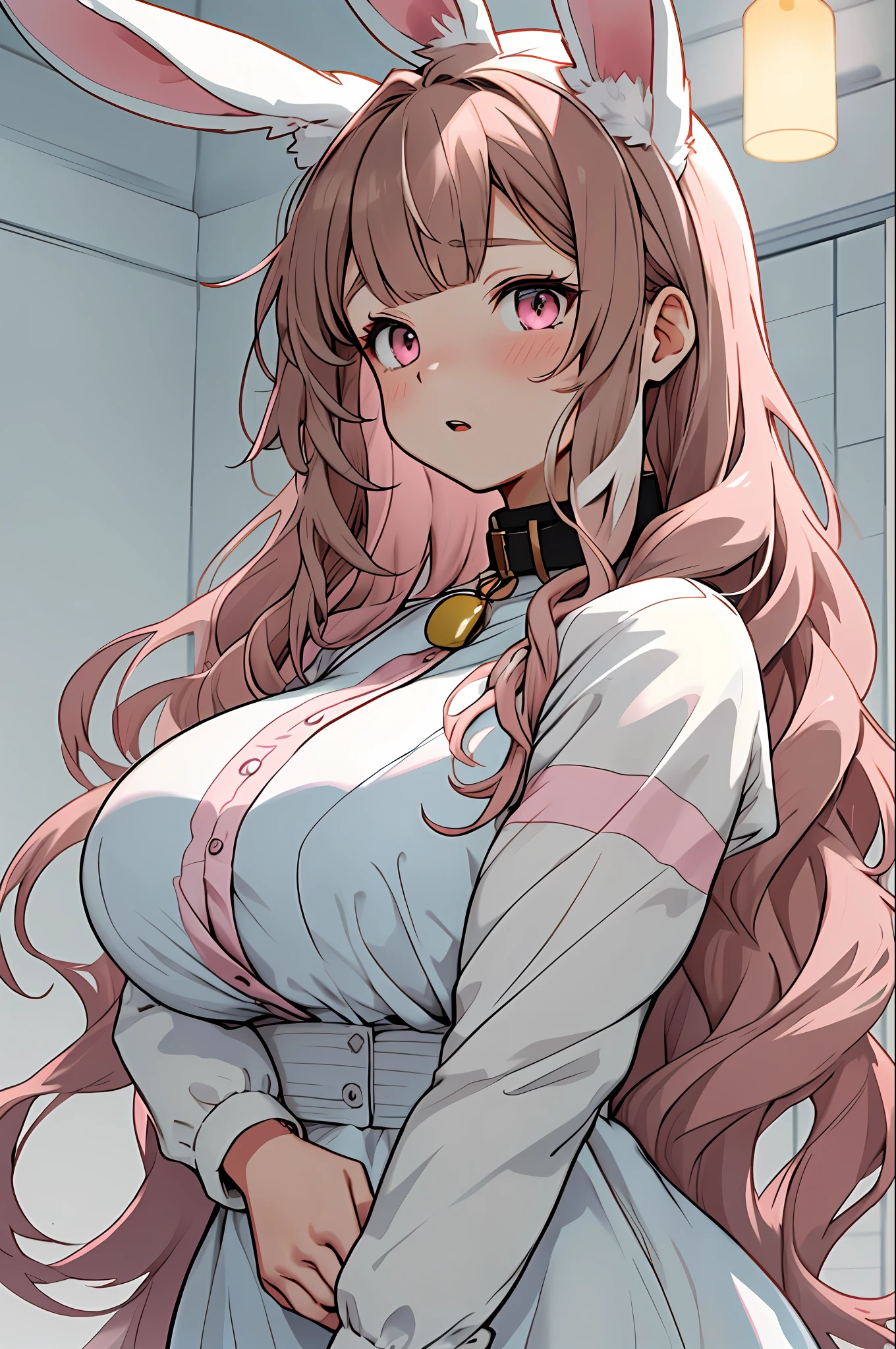 Draw a young girl with bunny ears and tail. Has a long, wavy soft ash brown hair with white and pale pink highlights at the end which looks fluffy and soft to touch. A large, innocent doll-like ruby eyes, soft pink lips and quite the chubby cheeks. 150 cm tall, her small and petite body is curvy. Large, soft and bouncy G cup breast. Wears a black collar with bell on her neck.