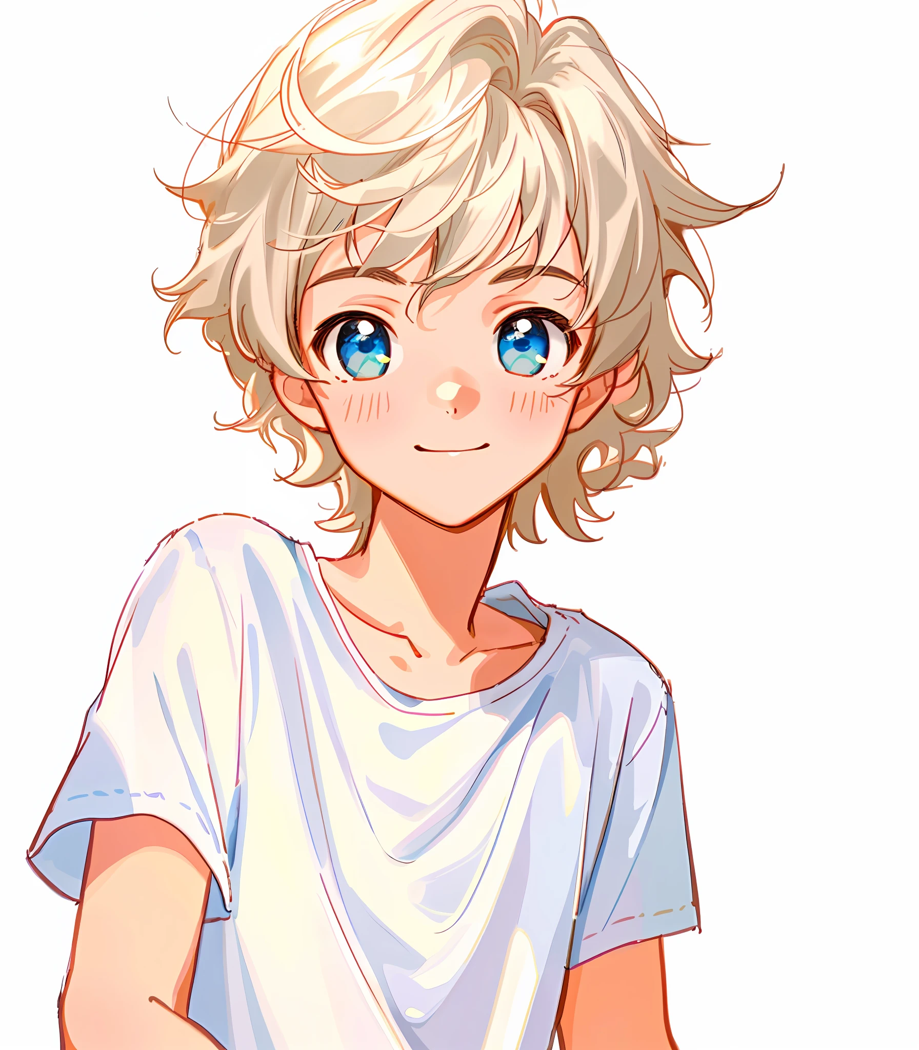 Best image quality, 4k, masterpiece, teenage male, white T-shirt, young and slightly mature, cute and soft, young, godly eyes, exquisite hair, look at the camera, face focus, smile, delicate facial features, front lighting, front light source, portraiture, face magnification, face close-up, above the shoulder, cute feeling, excellent posture to capture the sight, portrait painting effect