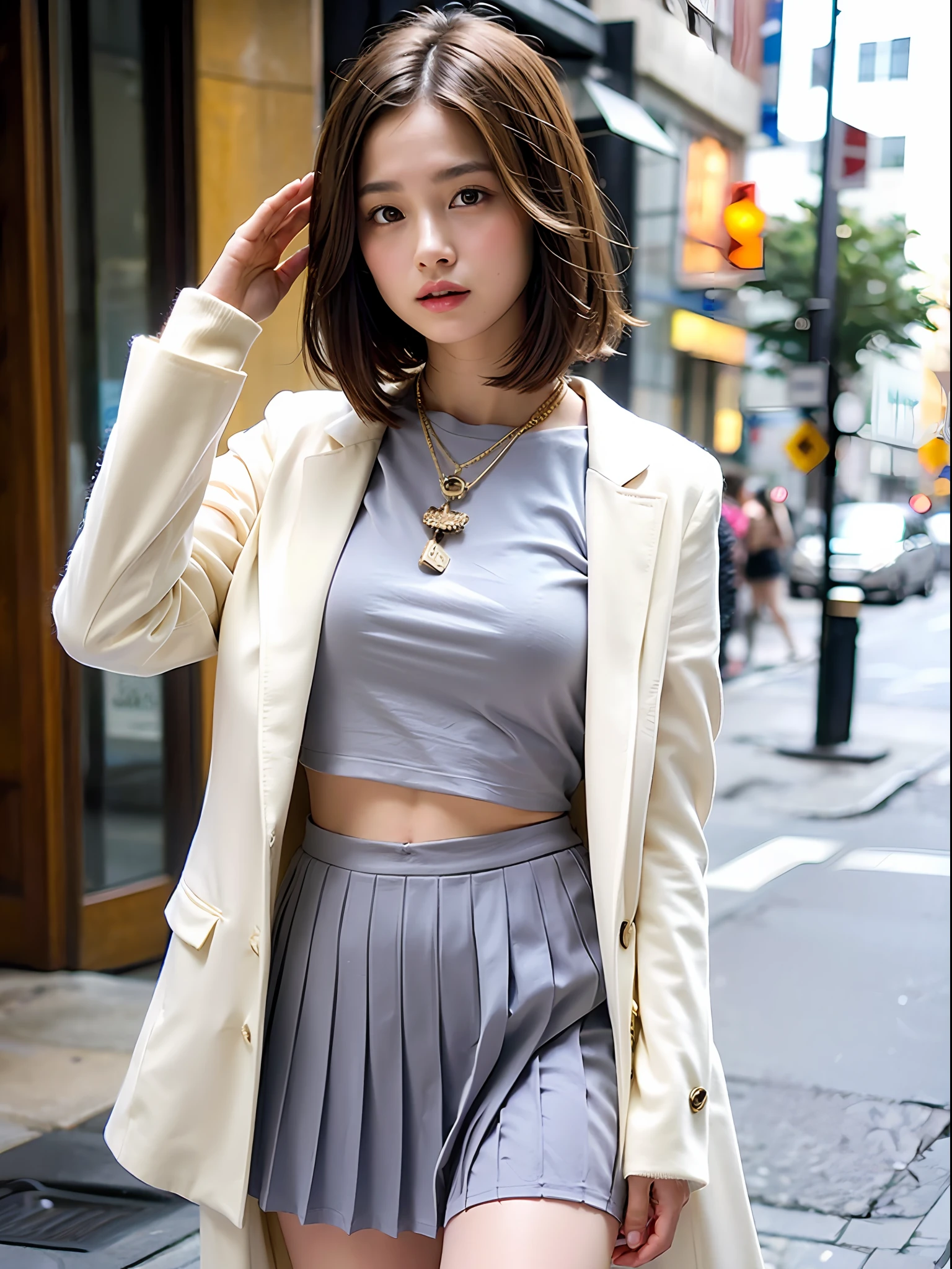 18 year old girl with perfect face and big breasts, café, salute, cute clothes, slim and slender physique. The skin has detailed and highly detailed eyes (1.1 emphasis), very detailed skin texture (1.1 emphasis). slender necklace, model photo style, photorealistic, skin texture is real human skin texture, detailed skin pores, intricate details, eyes are very detailed, gray shirt, gray pleated skirt, white sheer coat, street