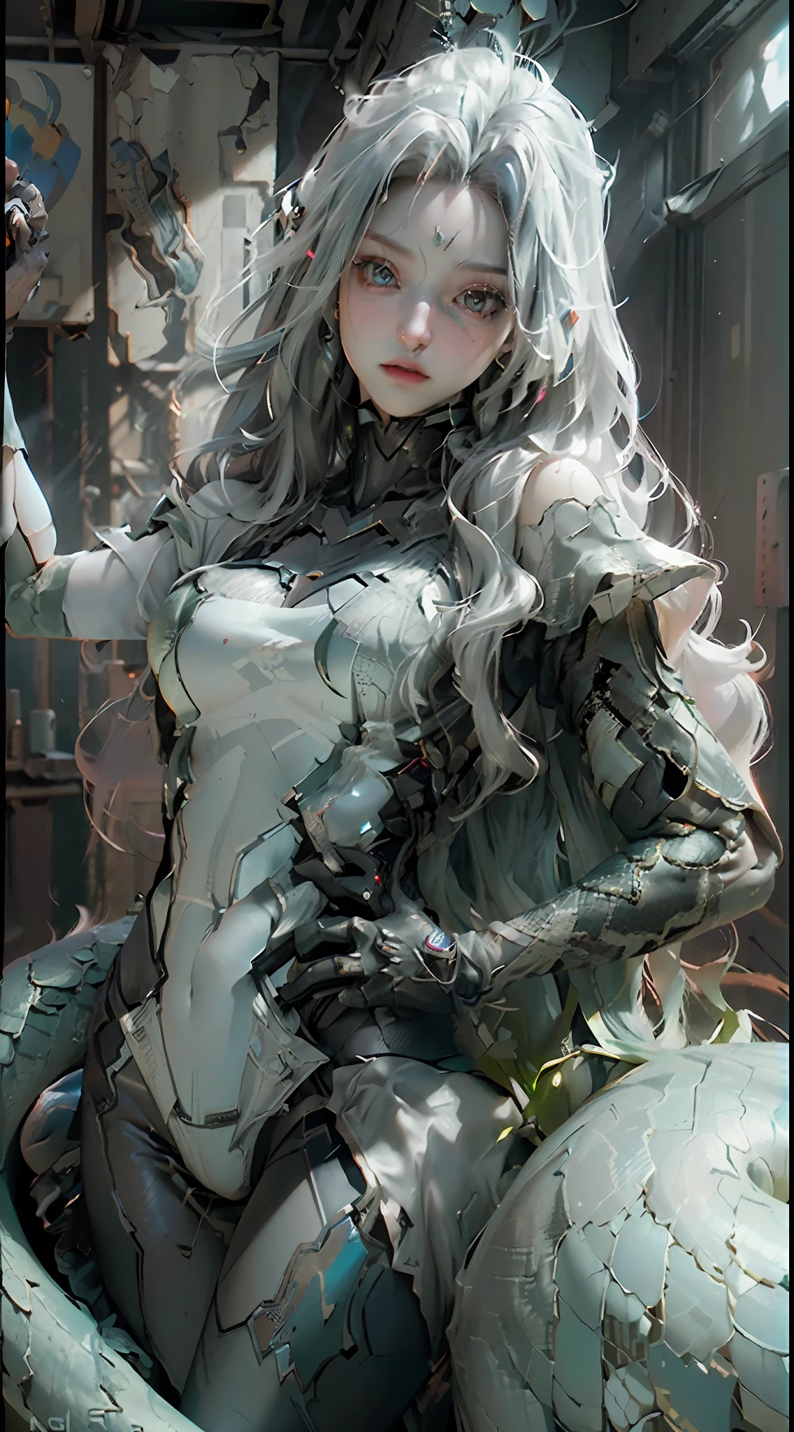 (Best Quality), ((Masterpiece), (Detail: 1.7), 3D, A Beautiful Cyberpunk Female Figure, HDR (High Dynamic Range), Ray Tracing, NVIDIA RTX, Super-Resolution, Unreal 5, Subsurface Scattering, PBR Textures, Post-Processing, Anisotropic Filtering, Depth of Field, Maximum Clarity and Clarity, Multi-layer Textures, Albedo and Highlight Maps, Surface Shading, Precise simulation of light-material interactions, perfect proportions, Octane Render, two-color light, large aperture, low ISO, white balance, rule of thirds, 8K RAW, Queen Medusa, hair is a snake, cute face