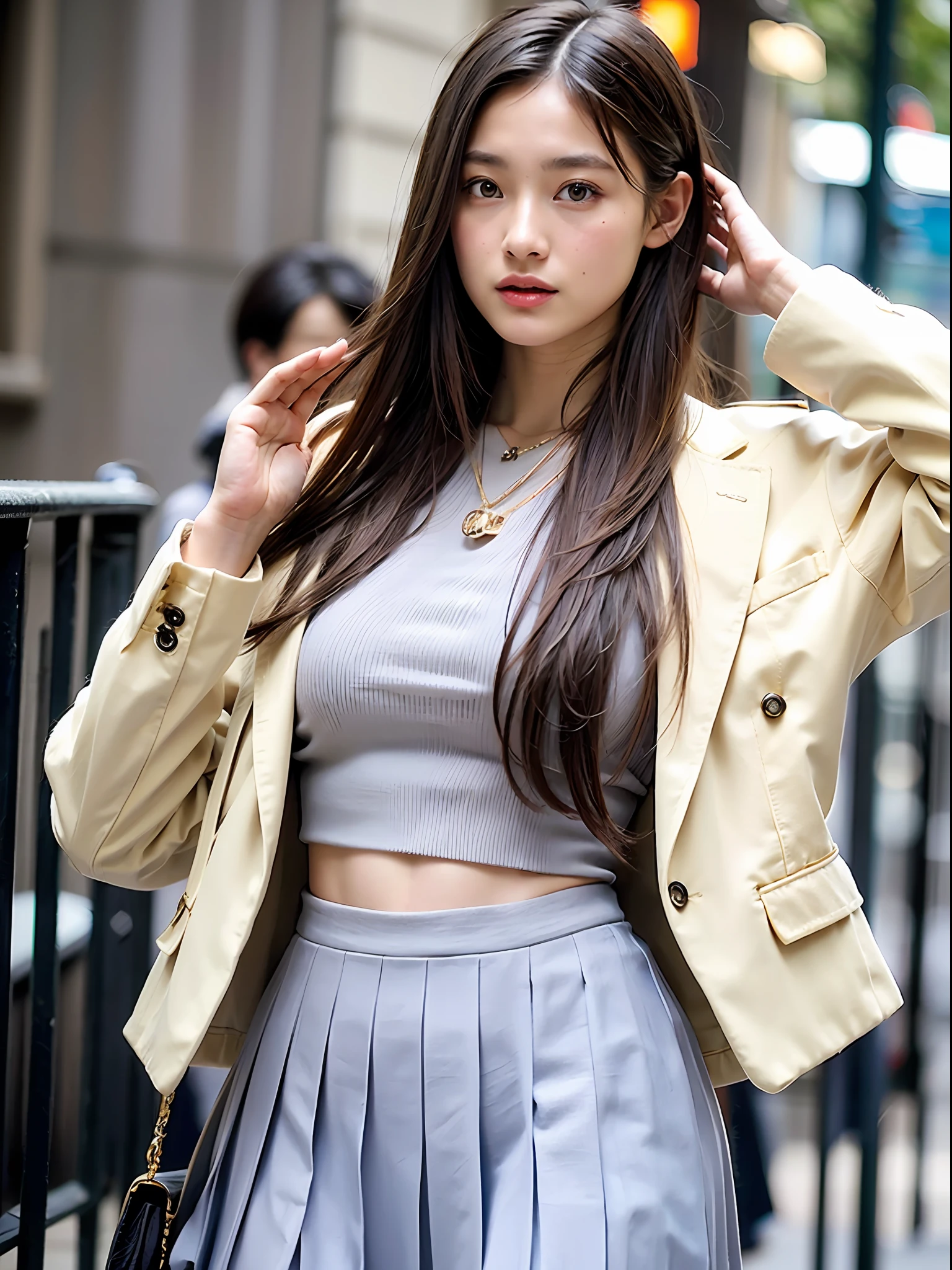 18 year old girl with perfect face and big breasts, café, salute, cute clothes, slim and slender physique. The skin has detailed and highly detailed eyes (1.1 emphasis), very detailed skin texture (1.1 emphasis). slender necklace, model photo style, photorealistic, skin texture is real human skin texture, detailed skin pores, intricate details, eyes are very detailed, gray shirt, gray pleated skirt, white sheer coat, street