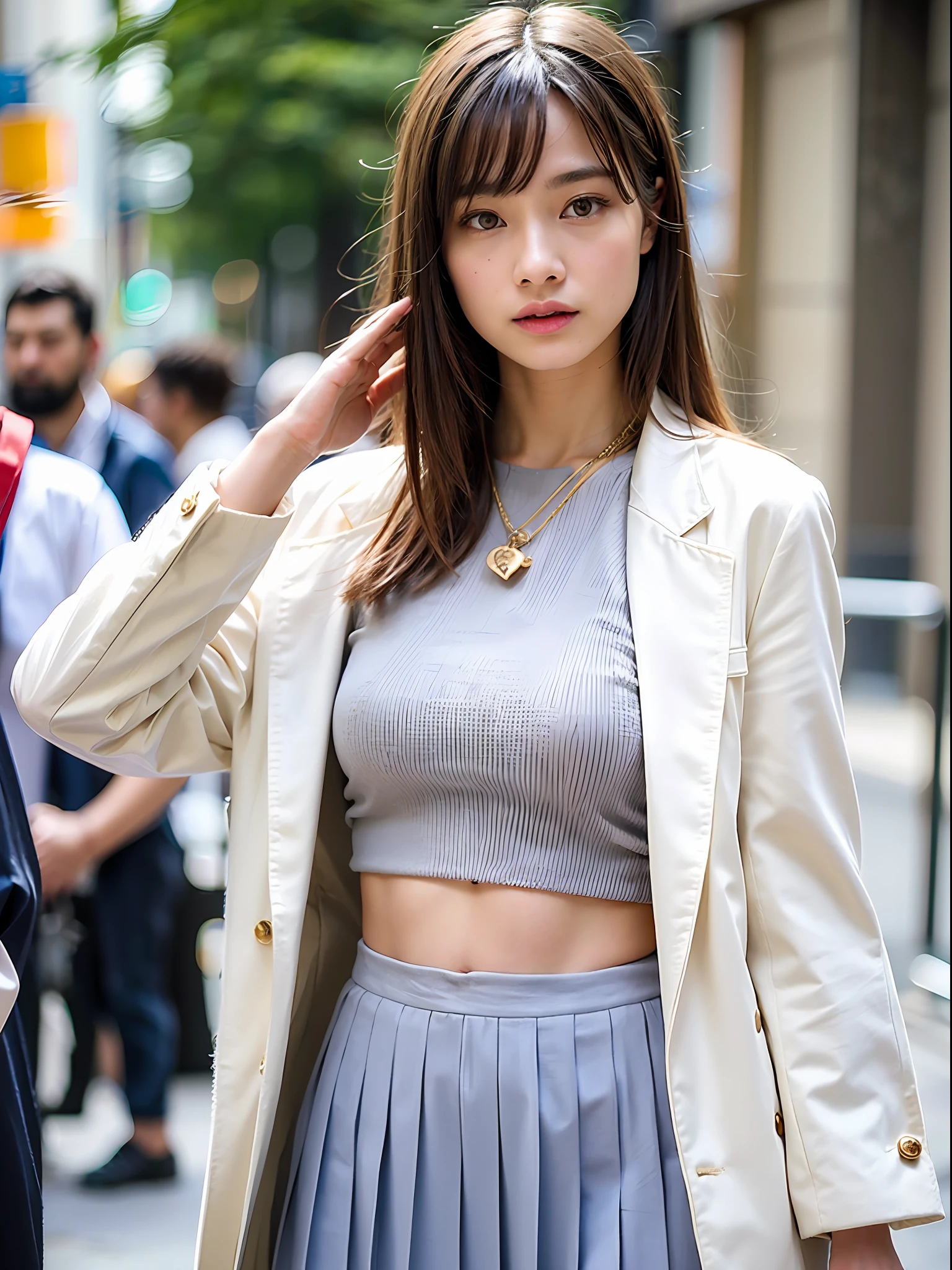 18 year old girl with perfect face and big breasts, café, salute, cute clothes, slim and slender physique. The skin has detailed and highly detailed eyes (1.1 emphasis), very detailed skin texture (1.1 emphasis). slender necklace, model photo style, photorealistic, skin texture is real human skin texture, detailed skin pores, intricate details, eyes are very detailed, gray shirt, gray pleated skirt, white sheer coat, street