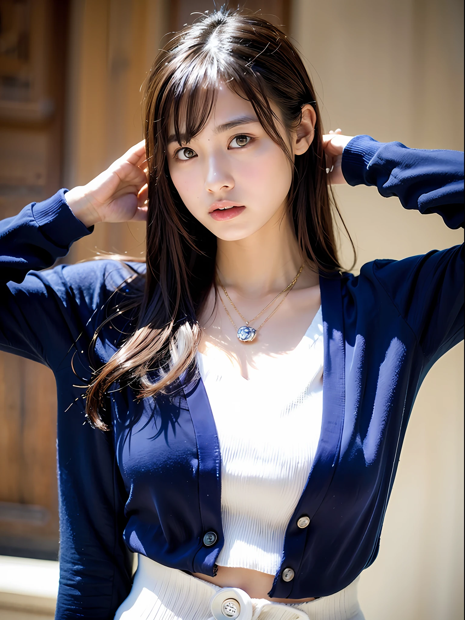 18 year old girl with perfect face and big breasts, café, salute, cute clothes, slim and slender physique. The skin has detailed and highly detailed eyes (1.1 emphasis), very detailed skin texture (1.1 emphasis). slender necklace, model photo style, photorealistic, skin texture is real human skin texture, detailed skin pores, intricate details, eyes are very detailed, black button white shirt, navy blue V-neck cardigan, brown pants, city