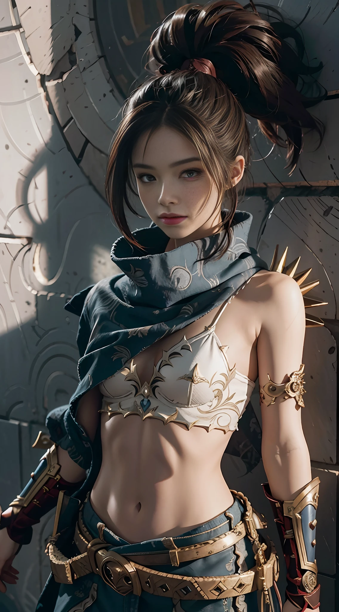 hands crossed against the wall, masterpiece, best quality, super high resolution, cloth texture, (realism: 2), very detailed, beautiful, small details, super detailed, best quality, digital illustration, detailed, complex, 4k, good anatomy, intricate details, masterpiece, (illustration: 1.1), high resolution, masterpiece, detailed shadows, amazing detail, (boy:girl:0.8), League of Legends, yasuo_ (league_of_legends), 1girl, solo, Brunette hair, ponytail, flowing hair, spiky hair, delicate eyes, navel