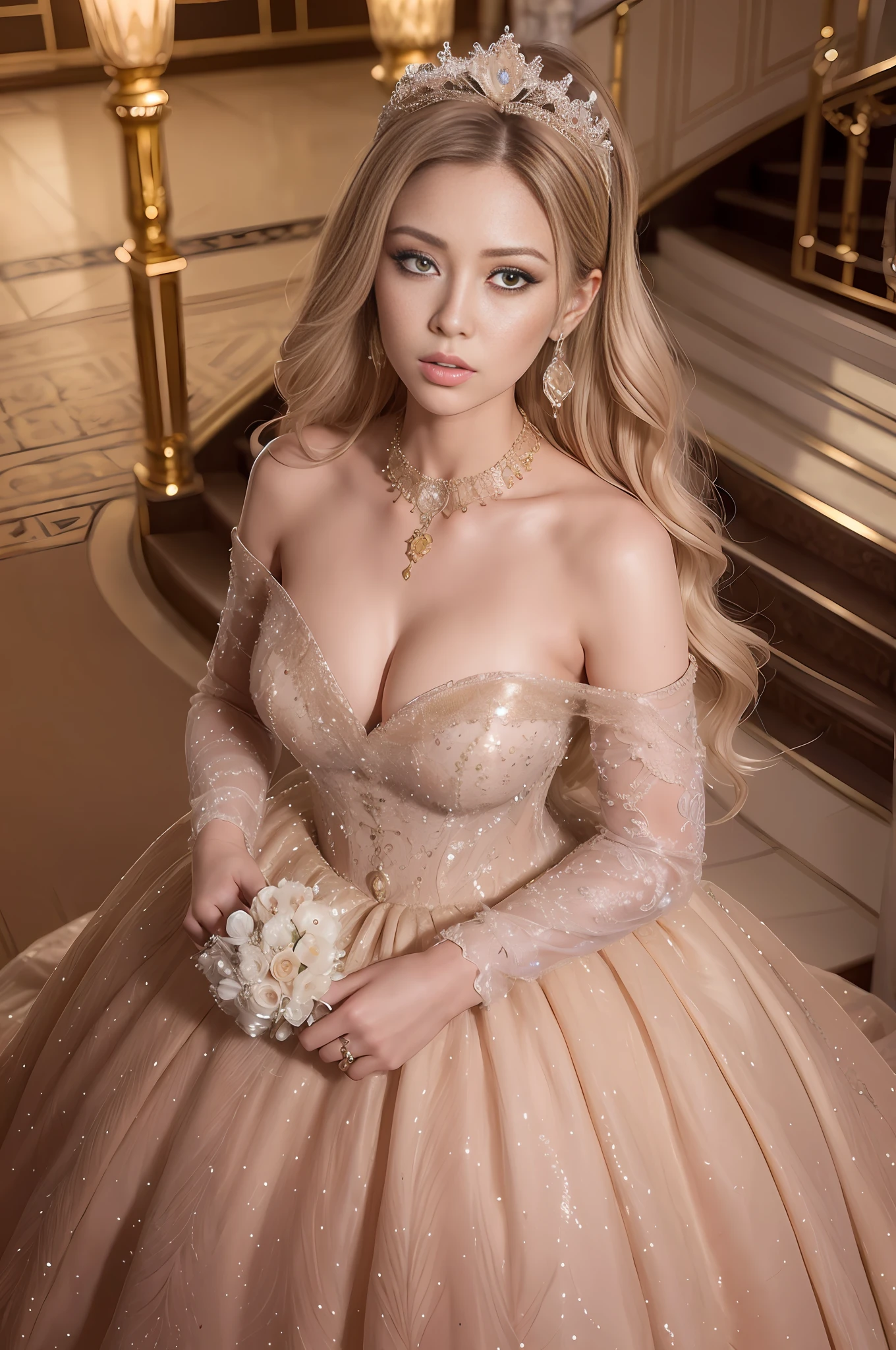 wearing wedding princess dress, staircase,handsome, skinny,professional lighting,far view, city, eyelines,gold necklace,rendered eyes,tall body,adult woman,hair ornament,instagram most viewed,official wallpaper, official art,(kpop idol), half-closed eyes,((photorealistic painting art by midjourney and greg rutkowski)),((supermodel)),