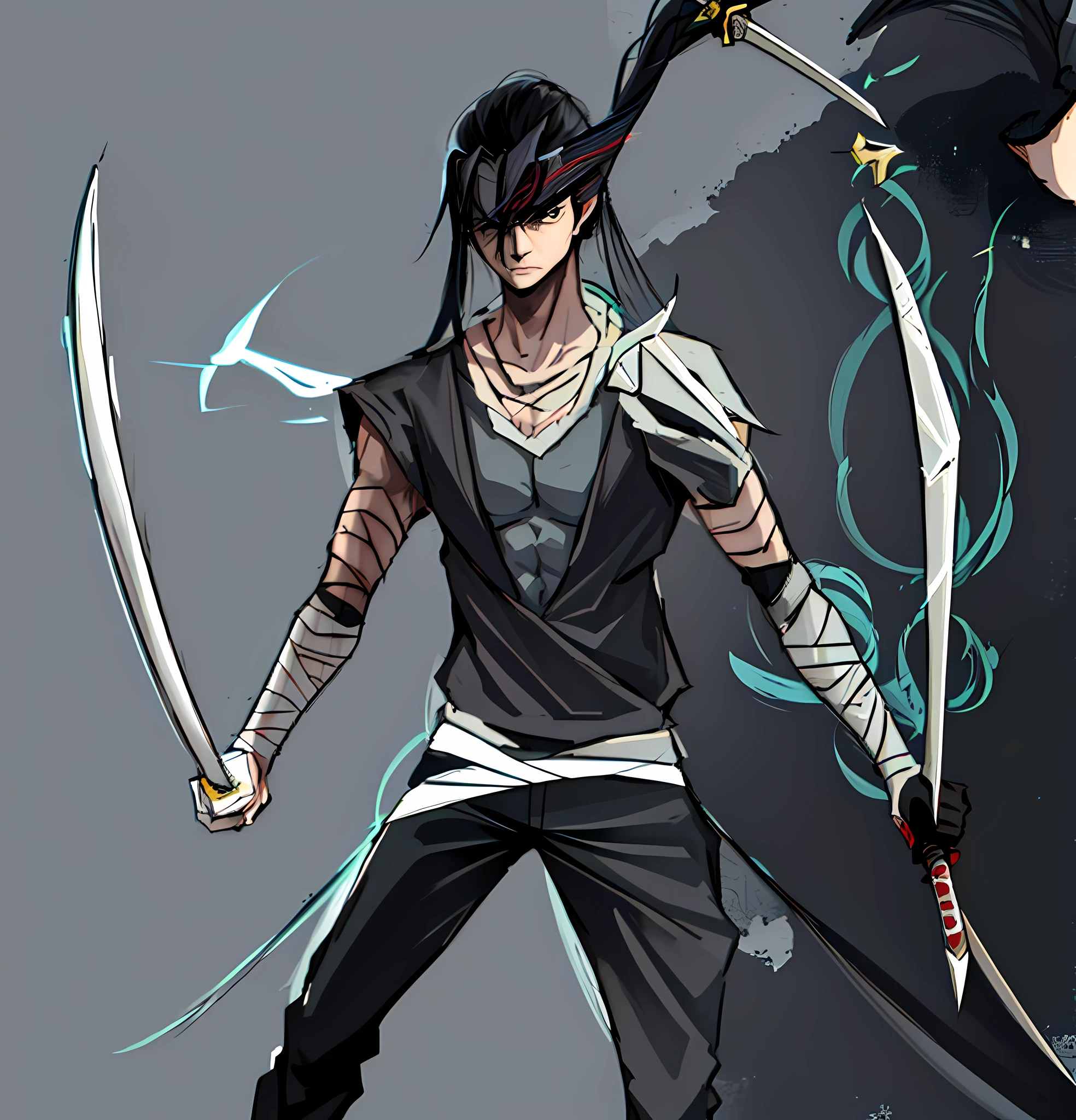 a drawing of a person holding a sword and a sword, lineart sharp, wielding kunai, swordsman, dramatic pose wielding sword, wielding two magic swords, wielding twin swords, wielding two daggers, drawn swords, pose, swords wielding double swords, inspired by Kawabata Ryūshi, with large sword, inspired by Ma Shi, sharp