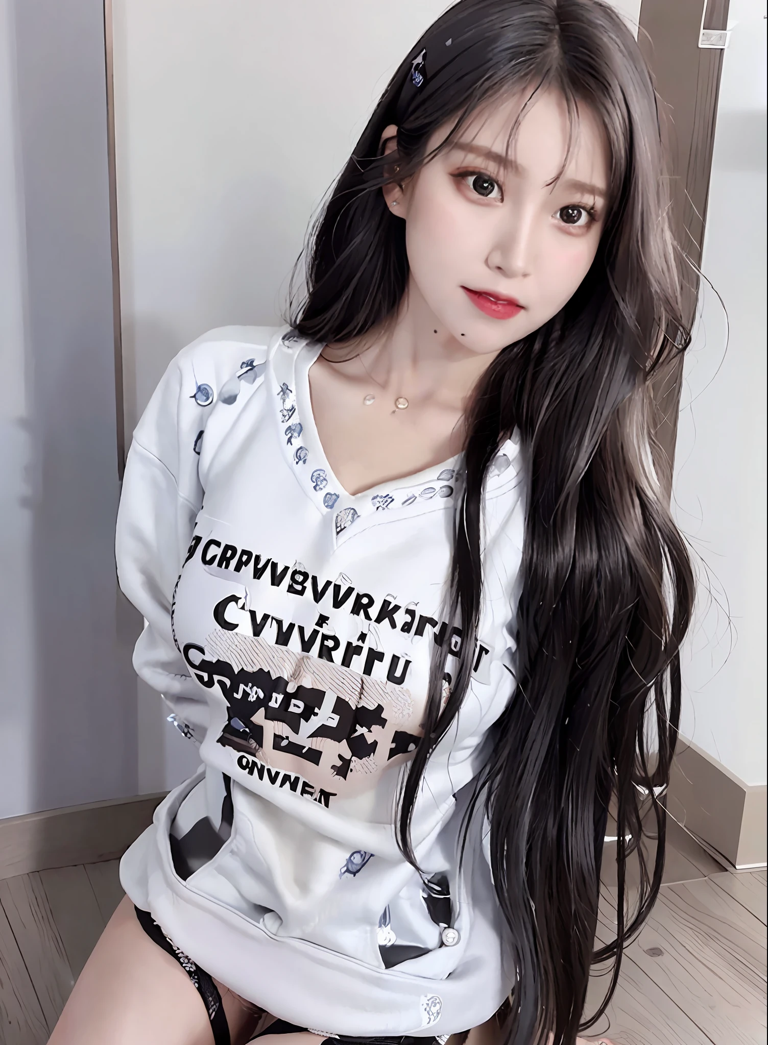 (8k, best quality, masterpiece: 1.2), (realistic, realistic:1.37), super detailed, 1 girl, cute, solo, beautiful detailed sky, detailed room, daytime, standing, dressed conservatively, dating, perfect figure, big breasts, (wearing conservative, crewneck shirt covering chest 1:2) (nose red), (smile: 1.15), (smile) big breasts, beautiful and delicate eyes, (black half-sleeved top: 1.2), , wet, professional wear, rain, white lace suspenders, (short hair: 1.2), Flowing hair NovaFrogStyle,