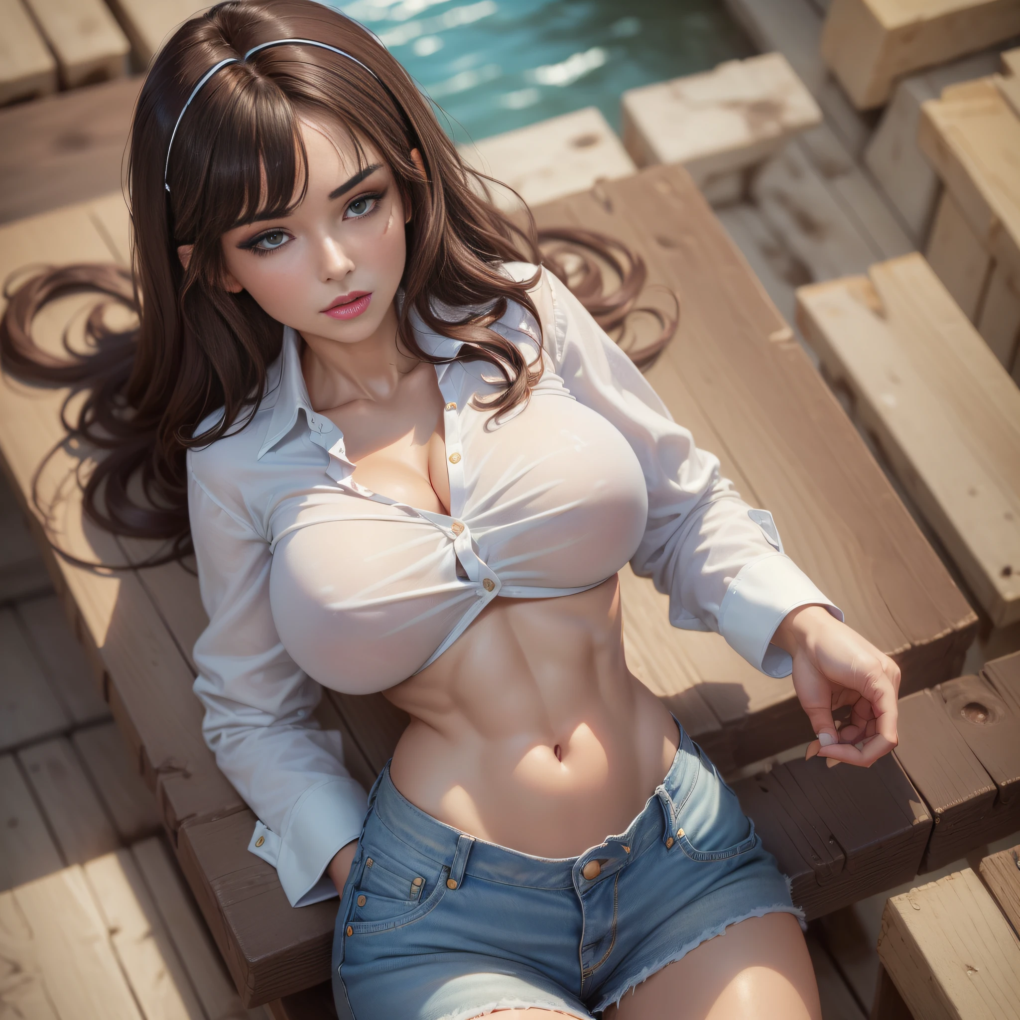 ((Best quality, 8k, Masterpiece :1.3)), Sharp focus :1.2, A pretty woman with perfect figure :1.4, Slender abs :1.2, ((Dark brown hair, gigantic breasts :1.4)), (wearing white button up shirt, Jean :1.1), City street:1.2, Highly detailed face and skin texture, Detailed eyes, Double eyelid