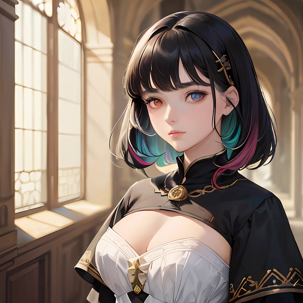 (masterpiece, superior quality, best quality, official art, beautiful and aesthetic: 1.2), (1girl:1.3), extremely detailed, (dynamic background), (soft natural lighting), wearing beautiful medieval clothes, (short black hair with bangs), (multicolored eyes+heterochromia:1.2) --s2