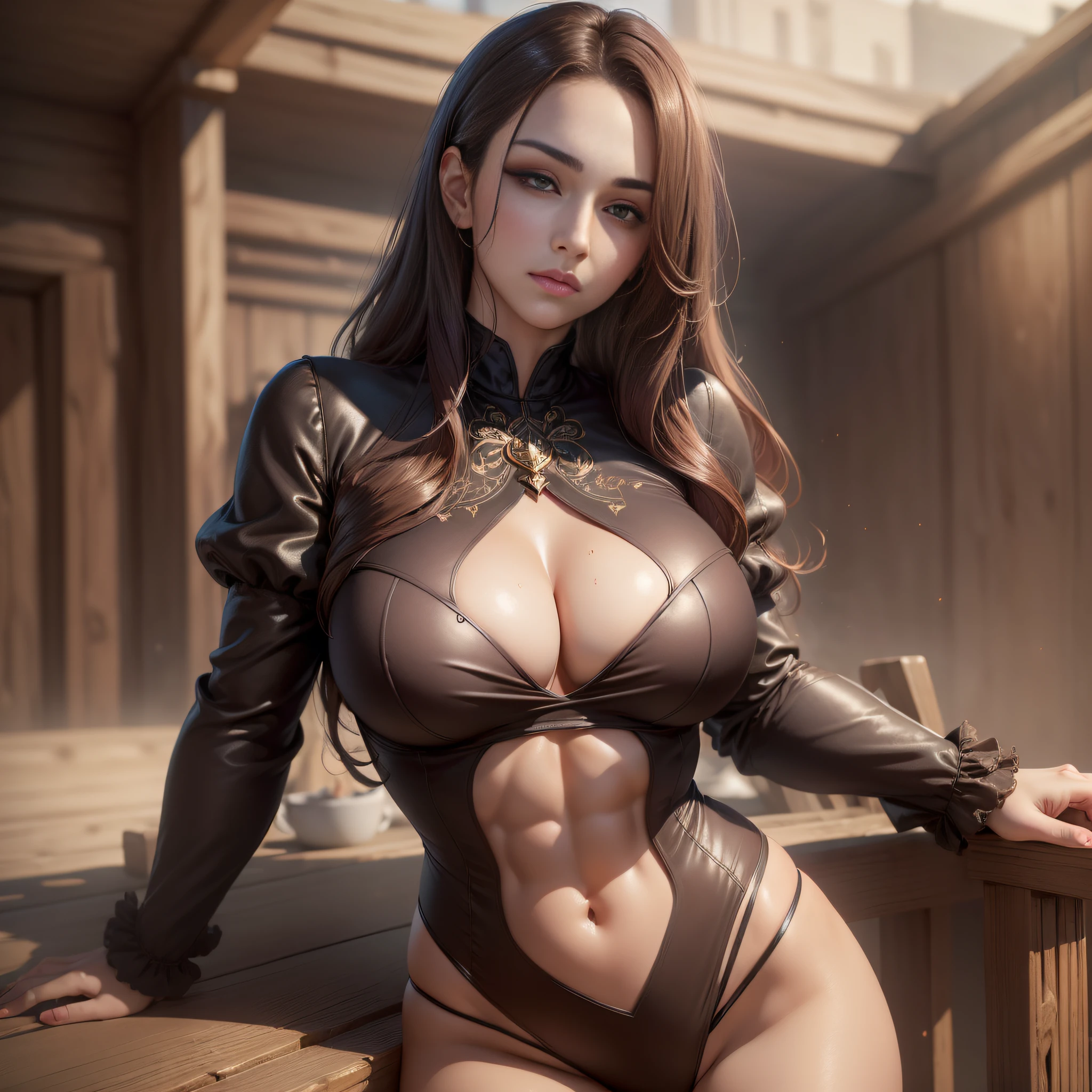 ((Best quality, 8k, Masterpiece :1.3)), sensual woman, 1girl, huge breasts :1.3, (firm abs, slender figure :1.2), dark brown hair, (outdoor, long sleeves top :1.1), ultra-detailed face, detailed lips, detailed eyes, double eyelid