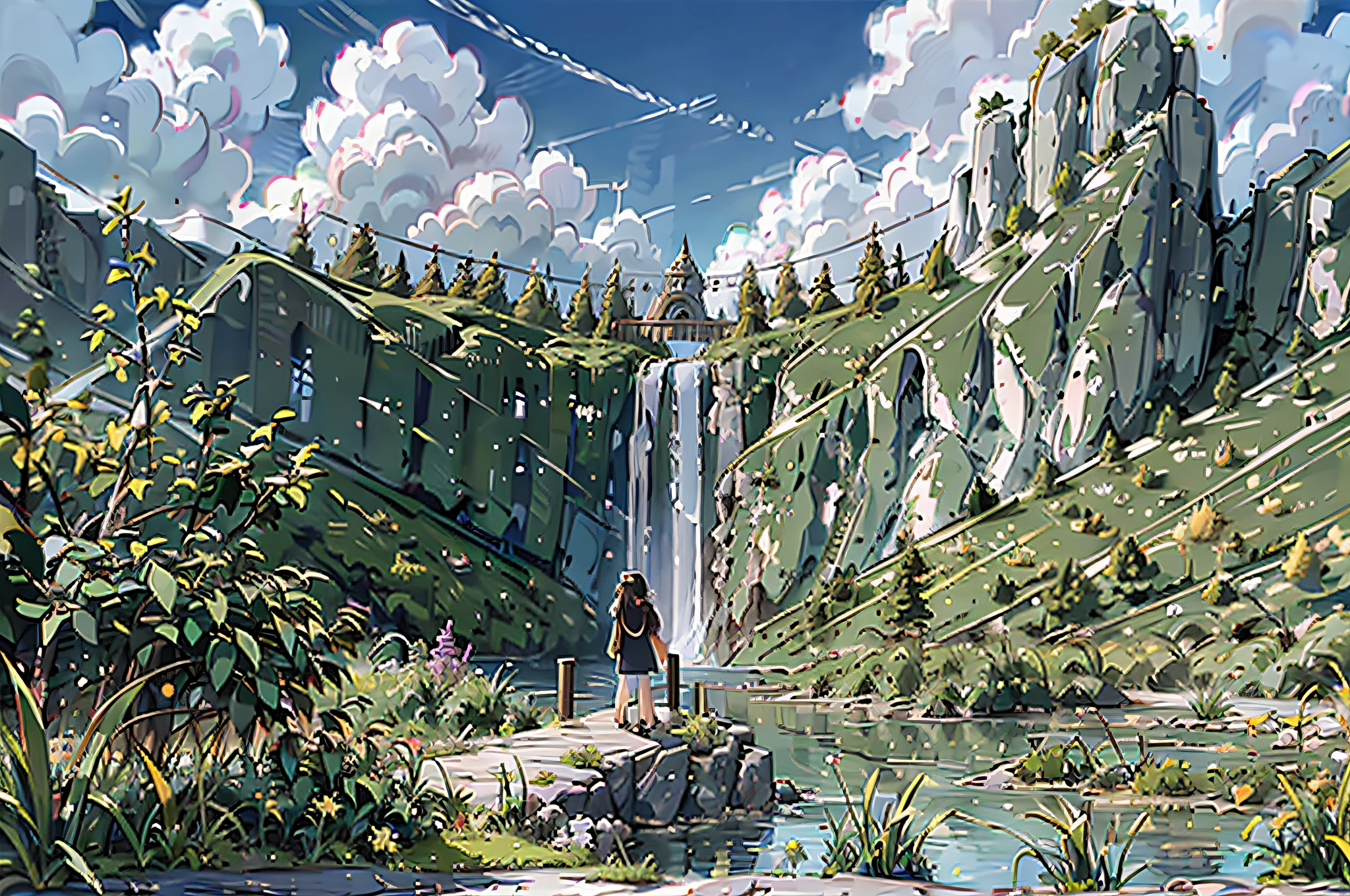 Masterpiece, best quality, high quality, extremely detailed CG unity 8k wallpaper, landscape, outdoor, sky, cloud, mountain, water, tree, blue sky, waterfall, cliff, nature, lake, river, cloudy sky, background blur, depth of field, chromatic aberration, realism, very detailed, high detail, 1 girl, looking at the waterfall in the distance,