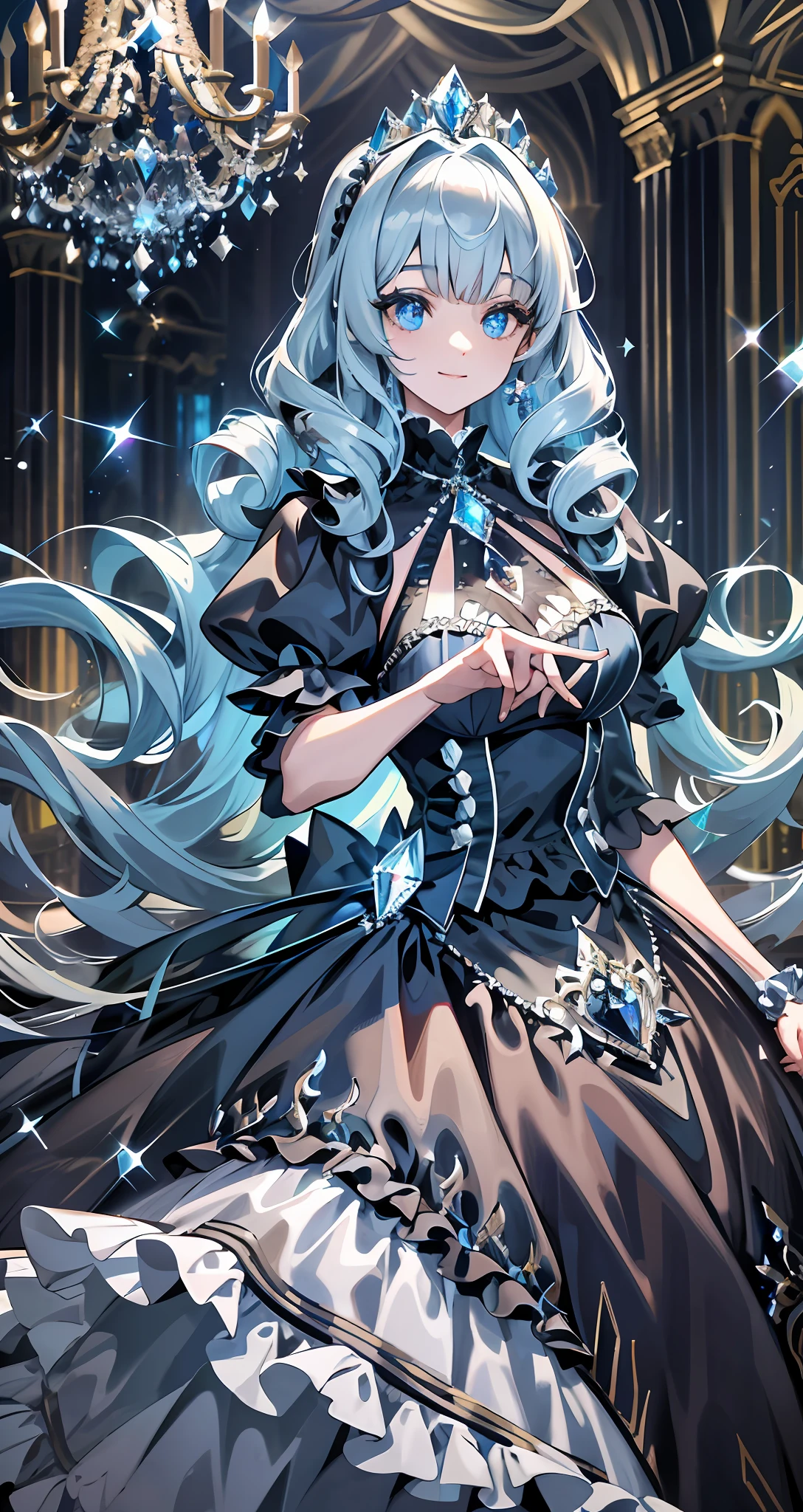 Dramatic composition, court-style dresses, royal, gorgeous, cascading frills, ruffles, bows, crystal chandeliers, Roman curly hairstyles, ponet, double ponytails like drills, look at the camera, bangs, maximalism, palatial background, delicate portrayal of hair and eyes, princess dresses, gorgeous skirts, flowers in hand, smiles, starry eyes, cinematic light, extreme detail, high definition, happy girl, very long hair, diamonds, broken diamonds, crystal fragments, light particles