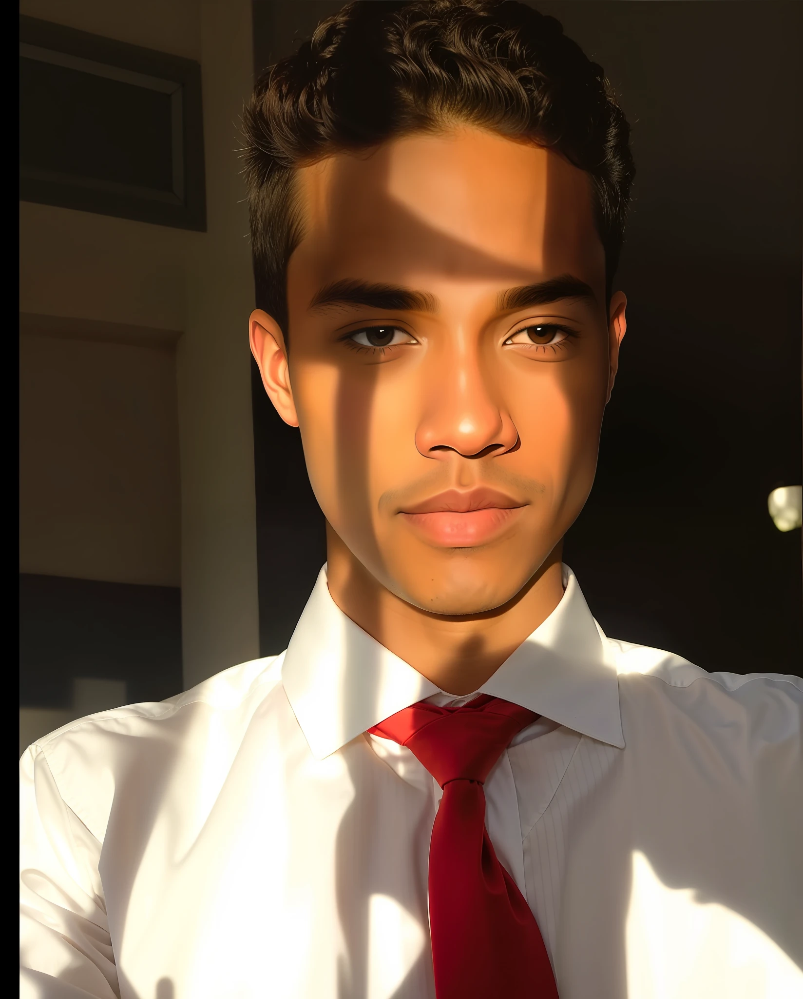 Arafed man in white shirt and red tie looking at the camera, with the sun shining on it, Tyler Mitchell style, Tyler Mitchell style photo, sun, nice afternoon lighting, morning sunlight, morning sunlight, suit and tie, suit and tie, suit and tie, suit and tie, is about