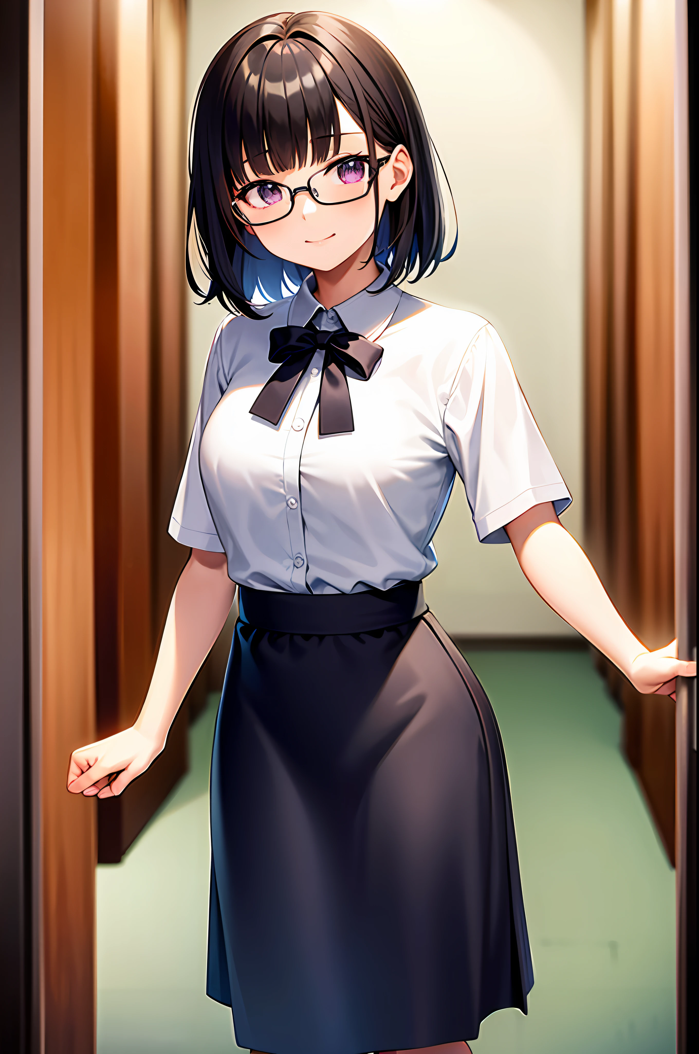 solo, nagase mana, (Masterpiece:1.2, high quality), (pixiv:1.4), (1girl:1.2), (solo:1.2), medium_face, black short hair, blunt bangs, purple + long_eyes, smile, Light_face, medium breasts, slenderwaist, Wide pelvic, formal shirt, long sweater, black long skirt, standing, standing straight, (full body), (blurry background), pharmacy, glasses, retail