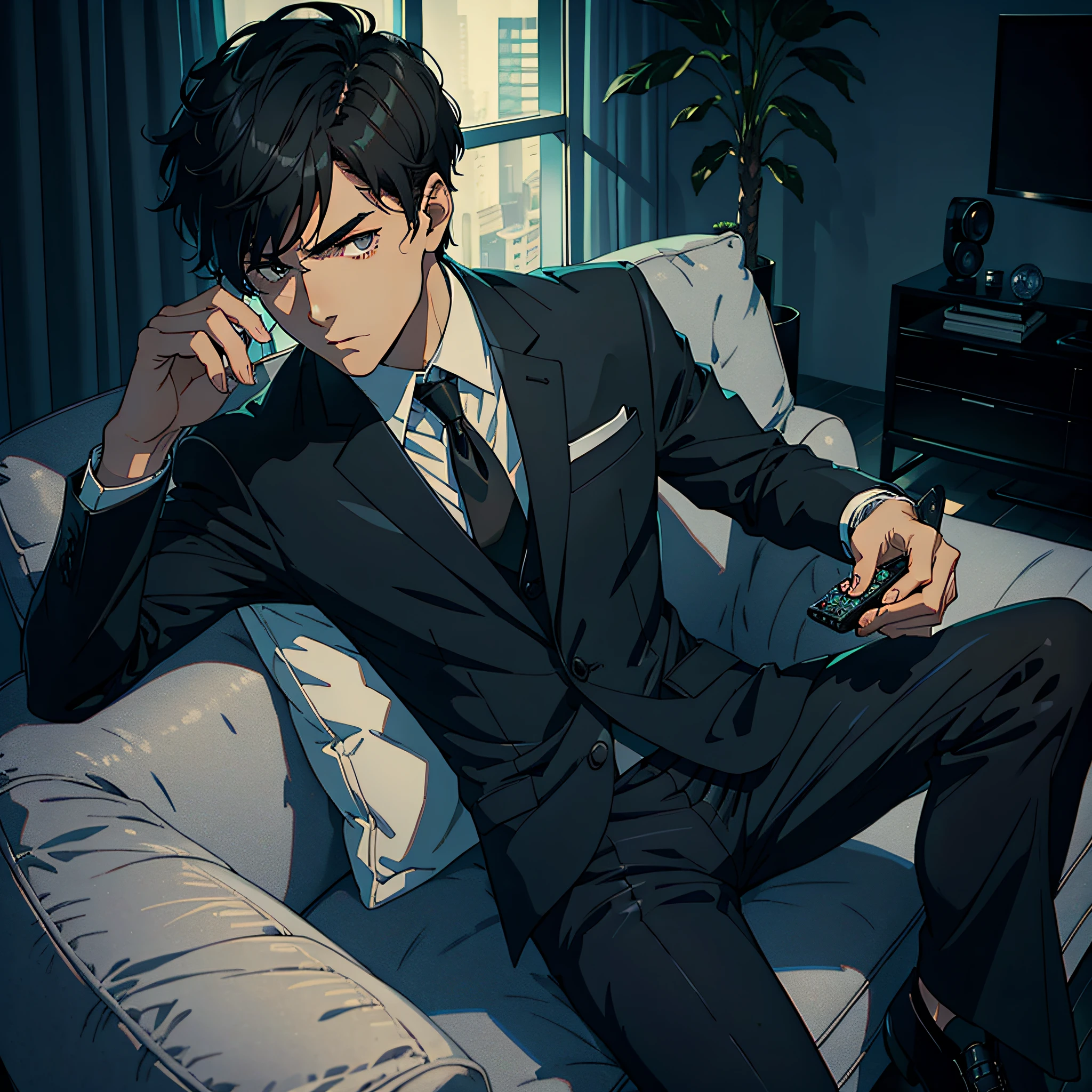 Best quality, the finest drawings, male protagonist, short black hair, black eyes, handsome, dressed in a black suit, sitting on the sofa, holding a remote control in his hand, object, TV, third perspective