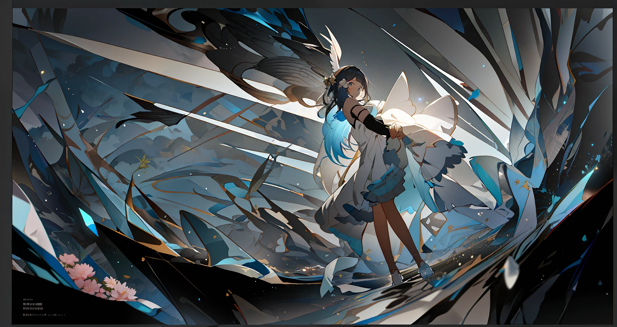 Masterpiece, top quality, best quality, official art, beautiful beauty, realistic, very detailed, colorful, highest detail, (a girl in a dress), (dynamic pose), shiny skin, zen pie, flowers, abstract background, inspired by Krenz Cushart, concept art, keyframe illustration, loish and wlop, expressing joy. By Krenz Cushart, character splash art, wlop rossdraws, keyframe,