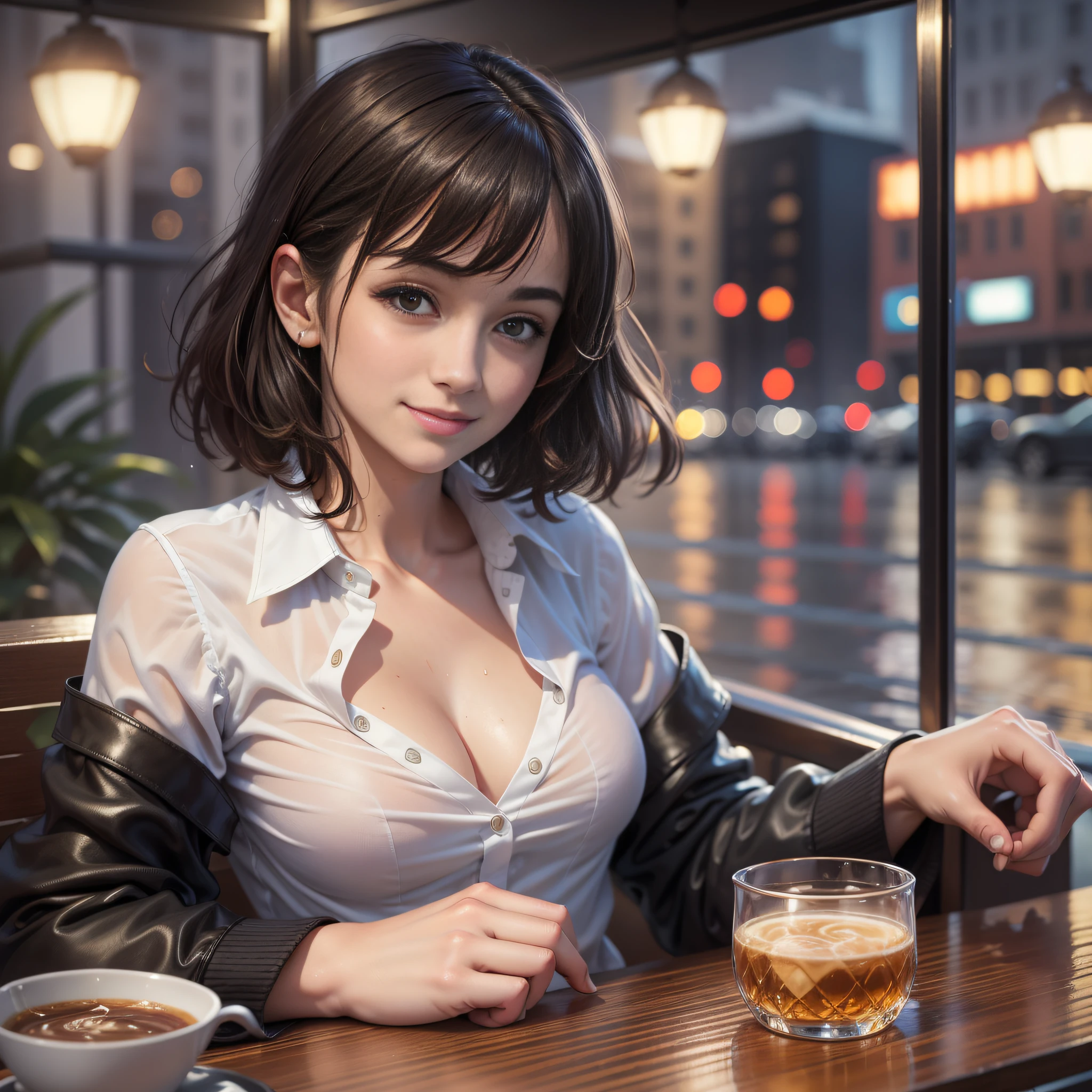 (64K,UHD, best quality, masterpiece:1.2), (realistic, photo-realistic:1.37), ultra-detailed, 1 girl, cute, solo, beautiful detailed sky, detailed cafe, night, sitting, dating, (nose blush), (smile:1.15), (closed mouth) small breasts, beautiful detailed eyes, (collared shirt:1.1), night, wet, business attire, rain, white lace, (short hair:1.2), floating hair NovaFrogStyle, topless,