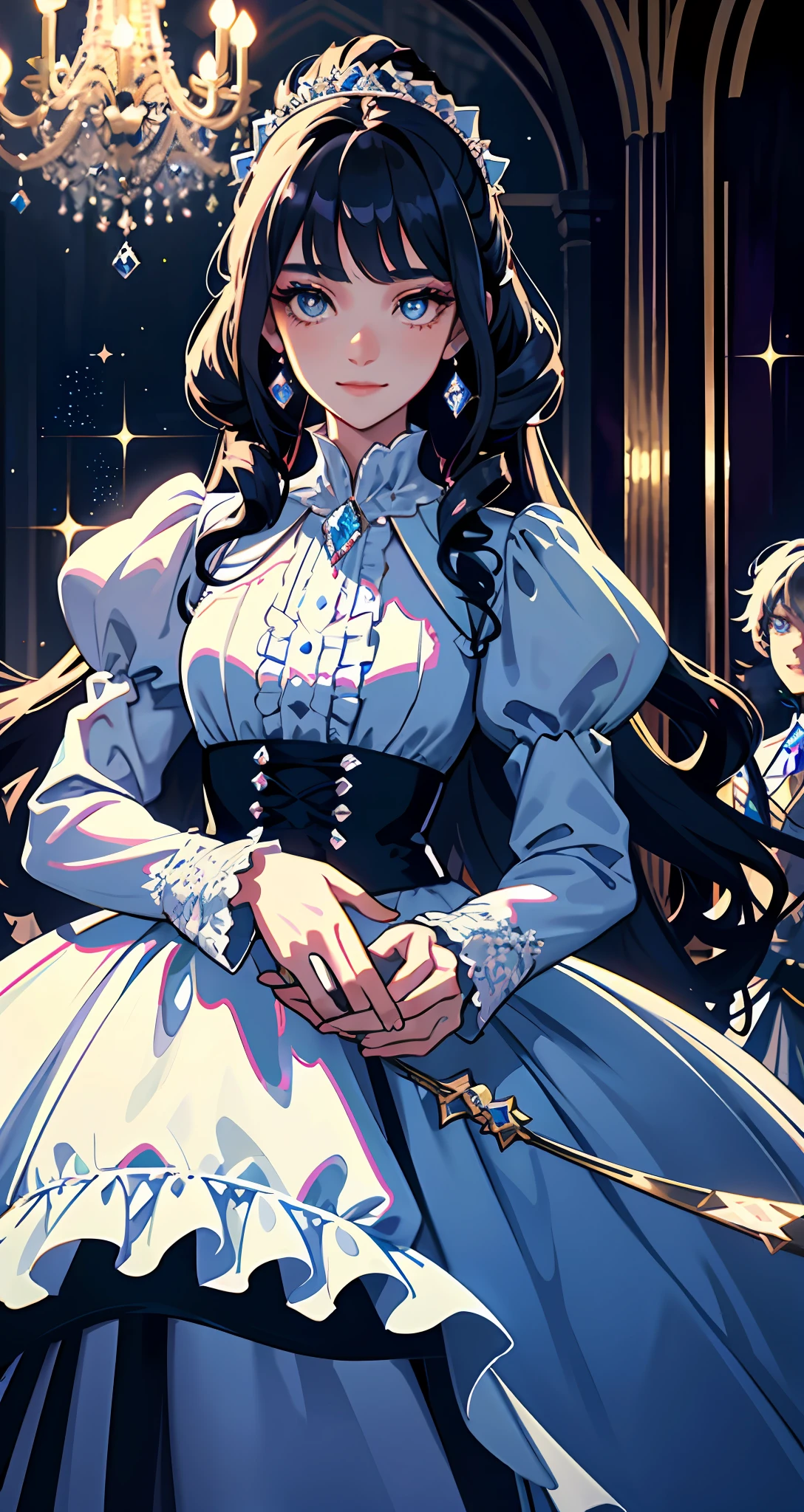 Dramatic composition, court-style dresses, royal, gorgeous, cascading frills, ruffles, bows, crystal chandeliers, Roman curly hairstyles, ponet, double ponytails like drills, look at the camera, bangs, maximalism, palatial background, delicate portrayal of hair and eyes, princess dresses, gorgeous skirts, flowers in hand, smiles, starry eyes, cinematic light, extreme detail, high definition, happy girl, very long hair, diamonds, broken diamonds, crystal fragments, light particles