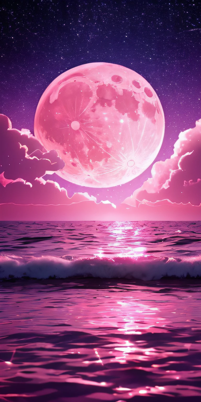 Pink moon, pink sky, soft pink clouds, pink ocean waves sparkling, sparkling, pink roses on pink ocean, fantasy, diamond, crown, universe, soft lights,
