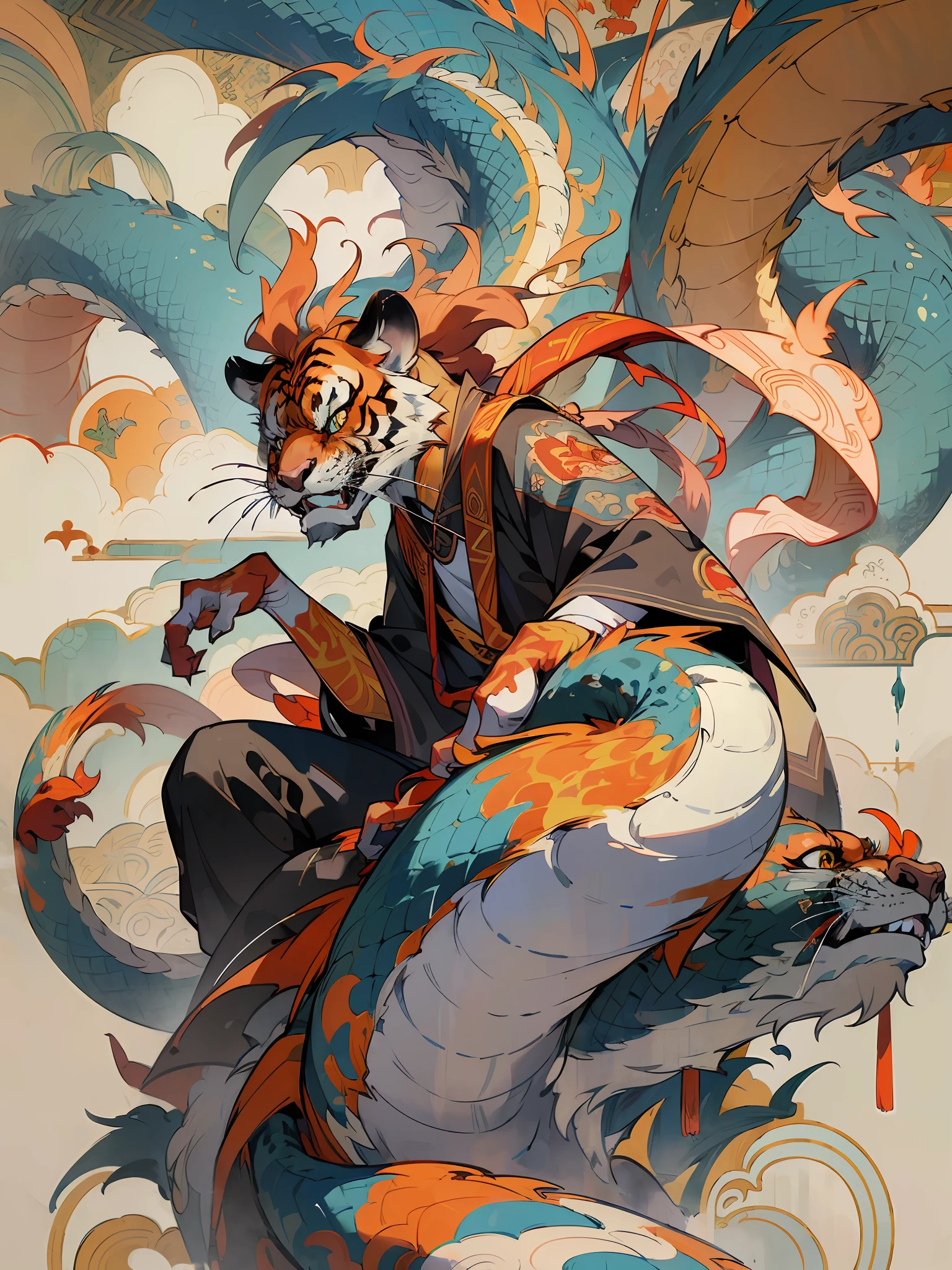 (splash art), (masterpiece ,best quality:1.2), a fantasy figure sitting on top of clouds, detailed face, in the style of hanging scroll, strong facial expression, colorful grotesques, precisionist lines, large-scale muralist, manticore, withe tiger, Chinese dragon, red phenix