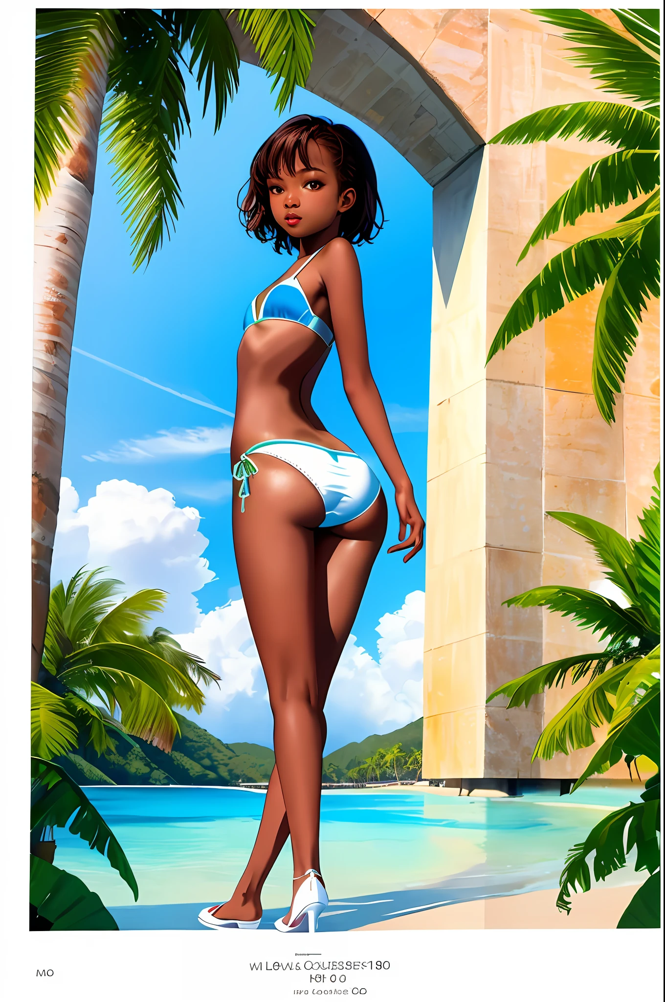 "An ultra-detailed 8k masterpiece of better quality and high saturation. The image features a bikini illustration with a stunning slender Caribbean wearing a minimal tight bikini, very tight women's top, white slipper, small and small chest, big ass and perfect long legs."