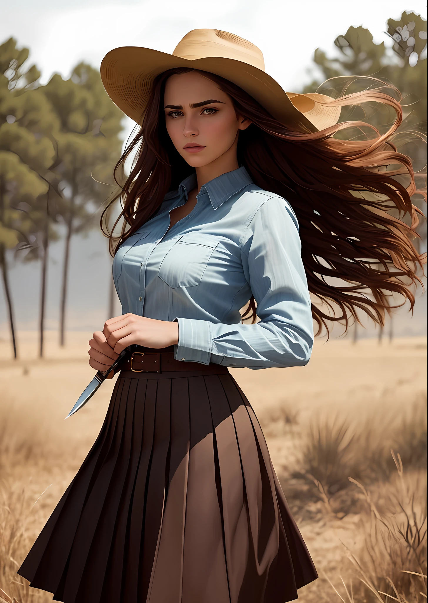 Beautiful gril holding a knife in her hand, wearing a pleated skirt, with a dynamic angle, captured in a high-detailed cowboy shot, exuding a melancholy emotion, featuring soothing tones and a contrasting mix of light and shadow, all while emphasizing the subject's hair, eyes, mouth, and action in a composition that is both pleasing to the eye and thought-provoking.