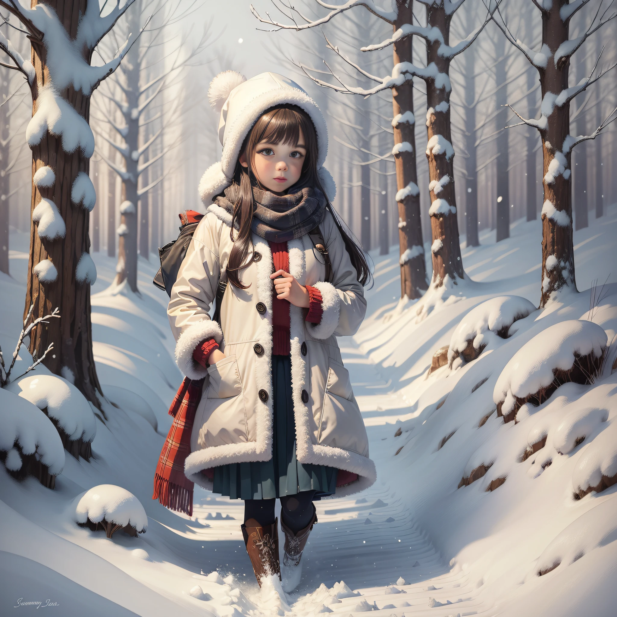 a lovely painting of a girl , snow falling, winter, forest