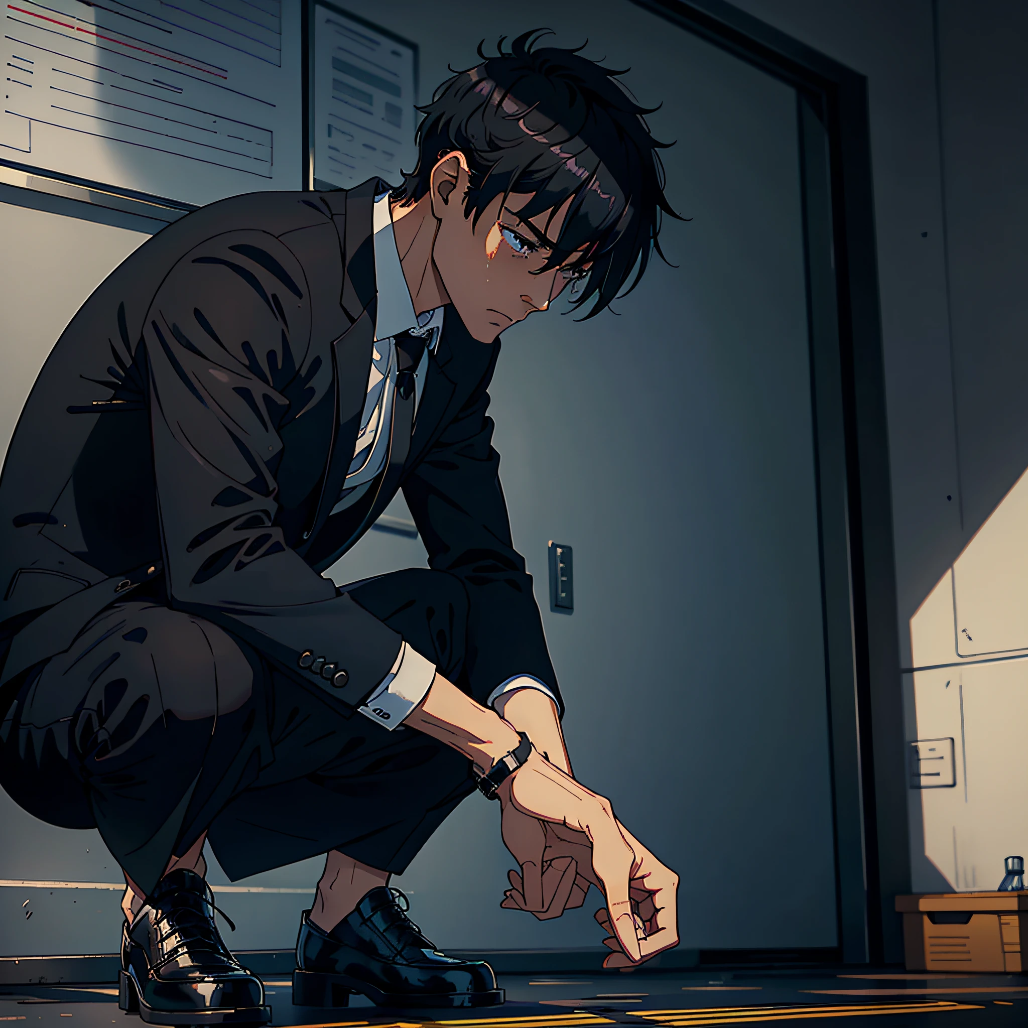 Best quality, the finest drawings, male protagonist, short black hair, black eyes, handsome, dressed in a black suit, in the hospital, squatting on the ground, holding a headache and crying.