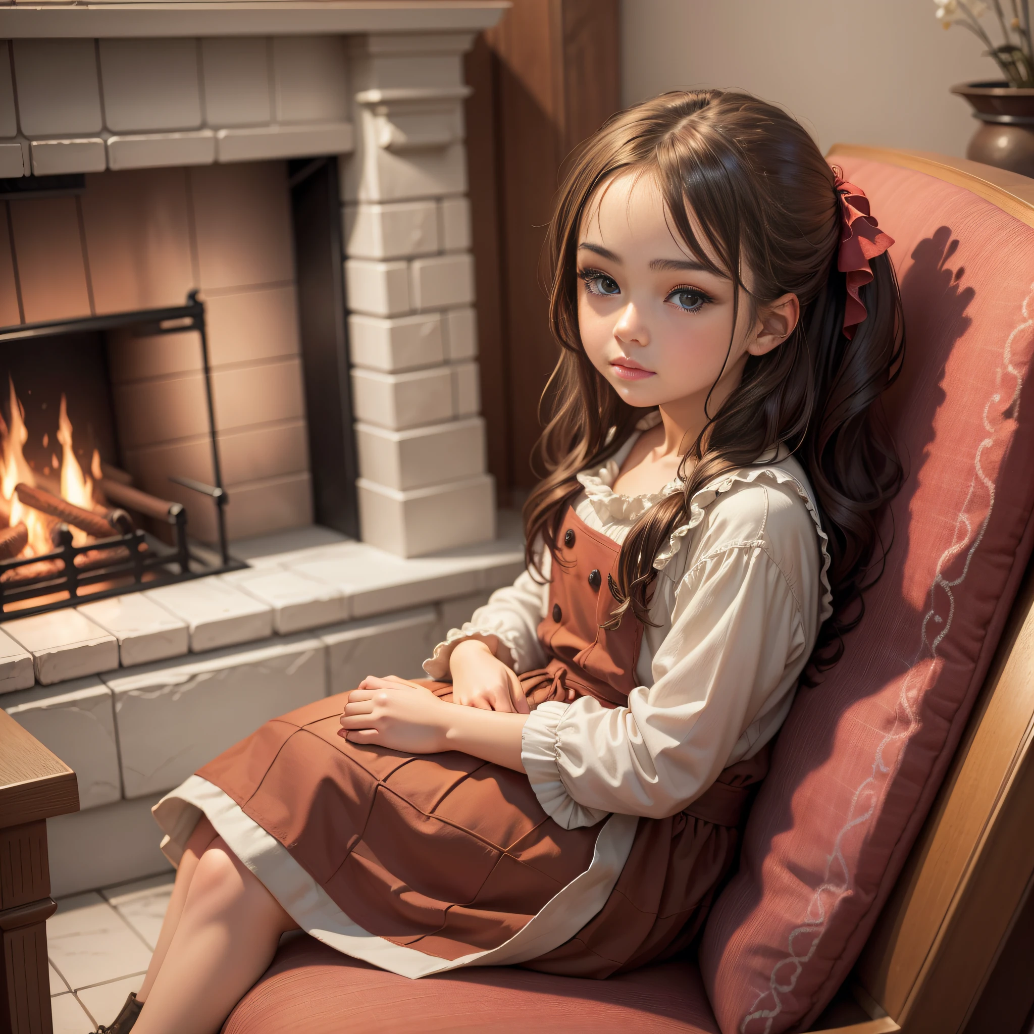 a lovely painting of a girl infront of a fireplace holding her hands close to the fire,