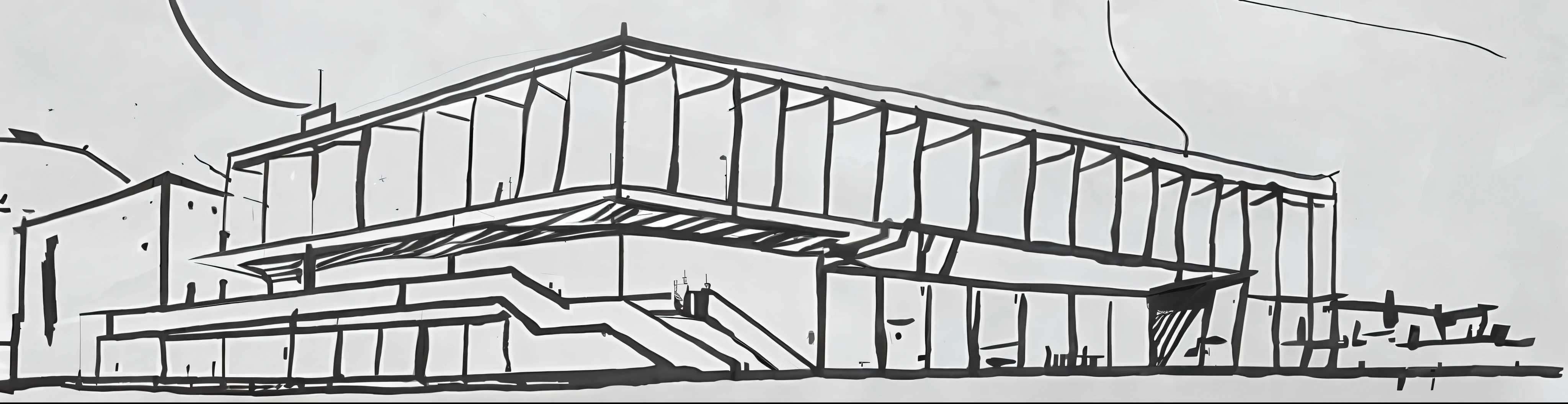 drawing of a building with a staircase and a clock on the side, architectural sketch, concept drawing, architectural concept, architectural drawing, inspired by Claes Jansz. Visscher, inspired by David Chipperfield, artwork of a building, ink pen sketch, pen sketch, in style of norman foster, architecture drawing, architectural concepts, concept sketch, perspective view