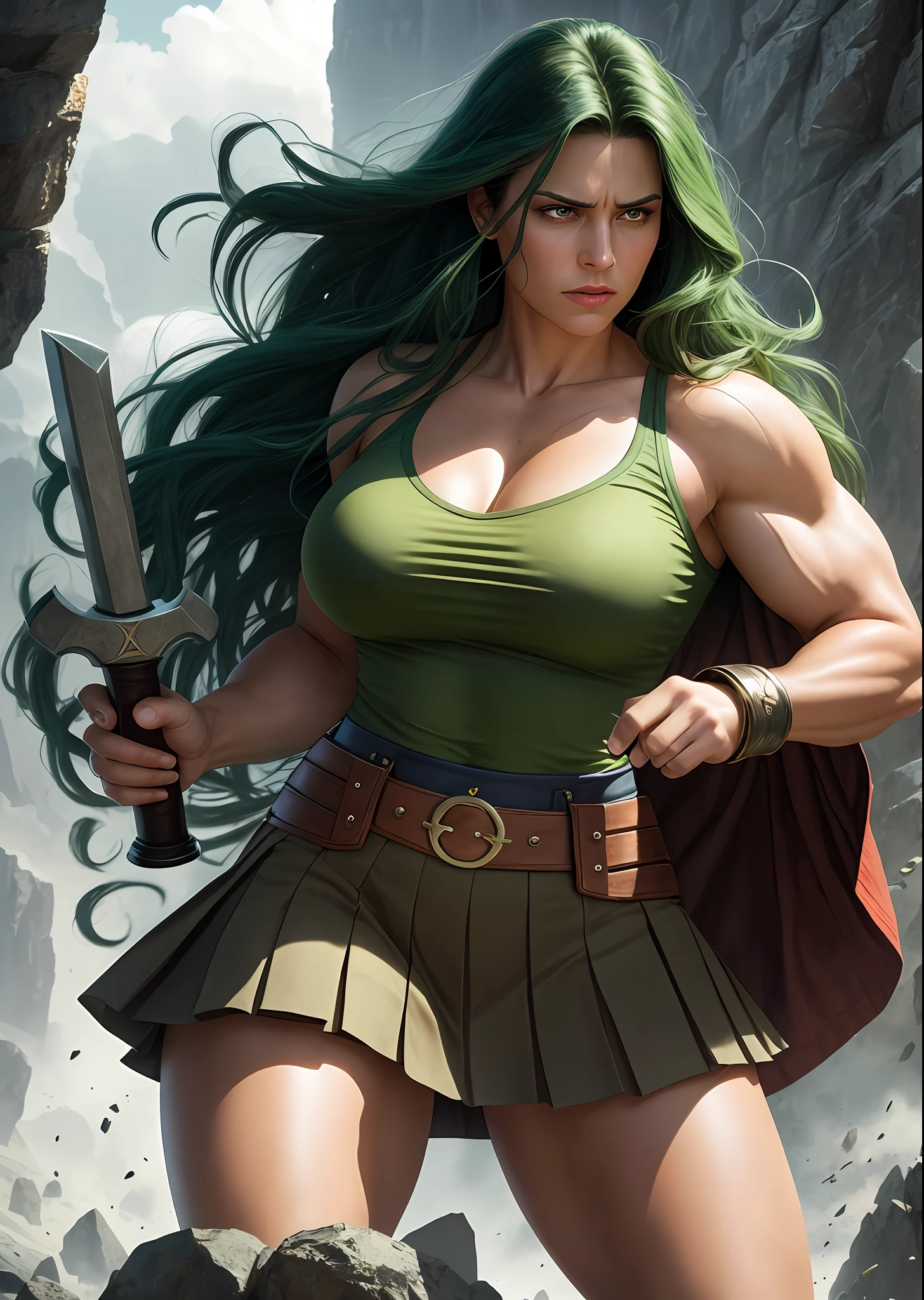 She hulk, holding Thor's hammer in her hand, wearing a pleated skirt, with a dynamic angle, captured in a high-detailed cowboy shot, exuding a melancholy emotion, featuring soothing tones and a contrasting mix of light and shadow, all while emphasizing the subject's hair, eyes, mouth, and action in a composition that is both pleasing to the eye and thought-provoking.