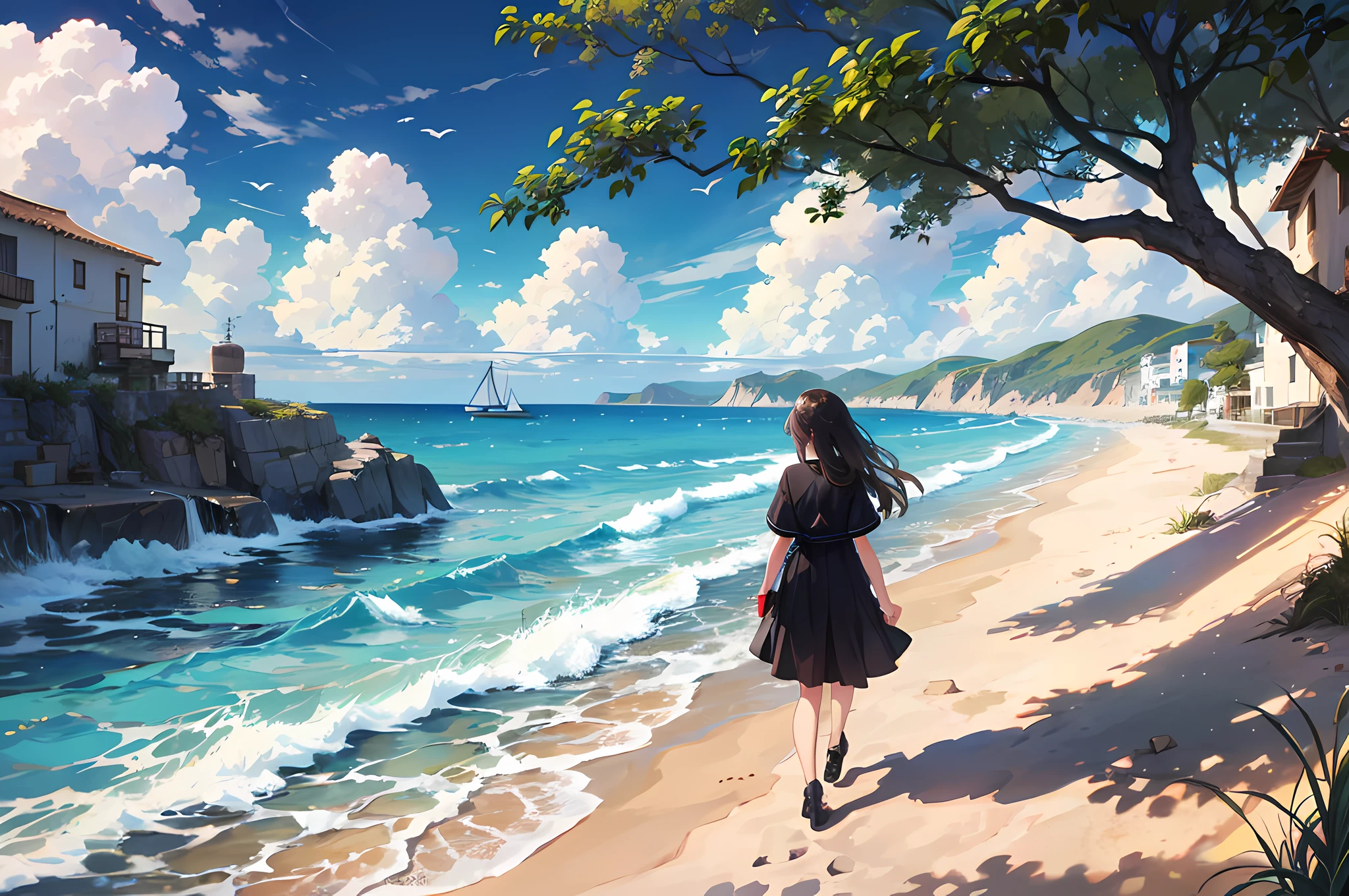 1 girl walking by the sea,