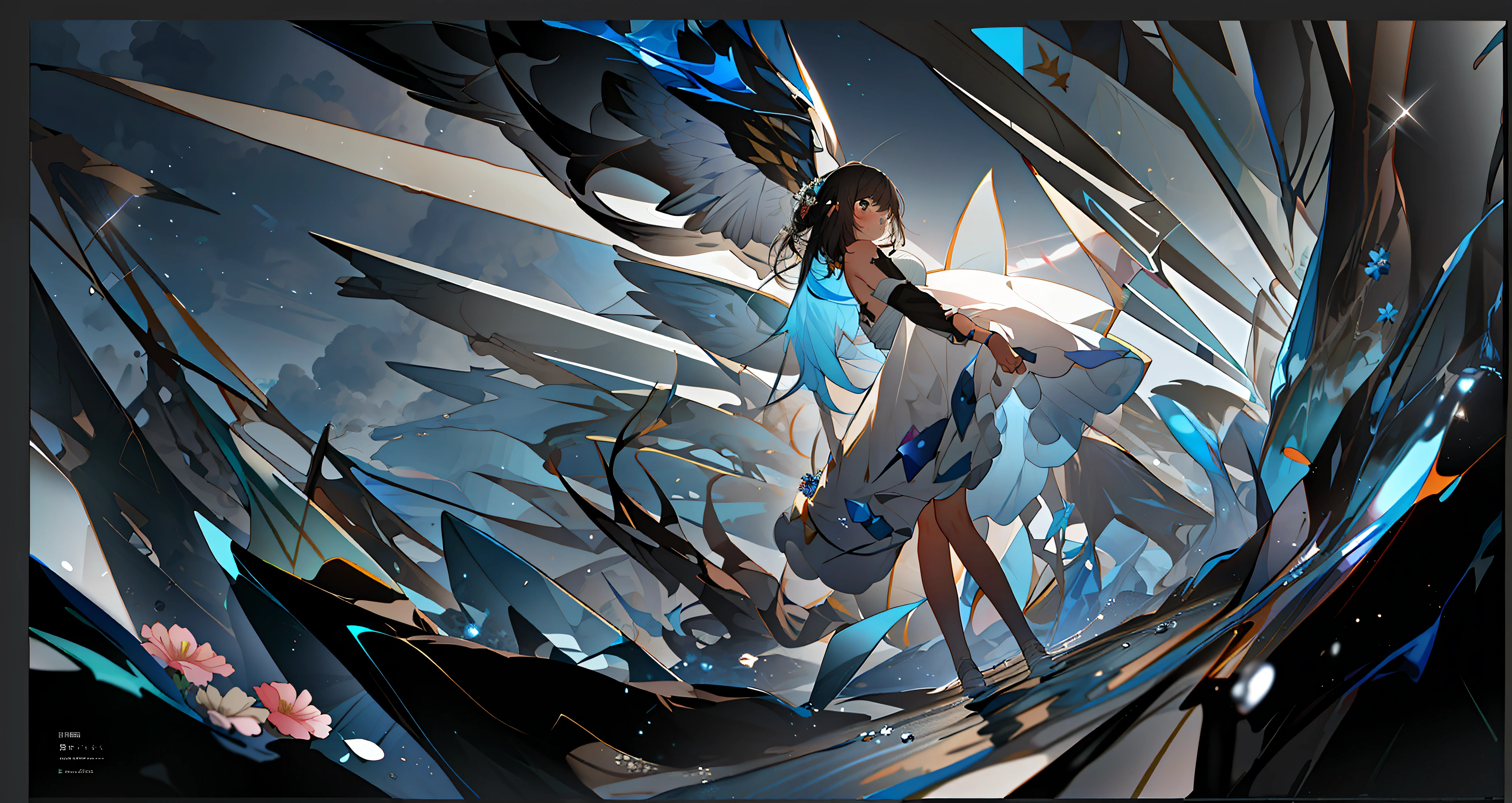 Masterpiece, top quality, best quality, official art, beautiful beauty, realistic, very detailed, colorful, highest detail, (a girl in a dress), (dynamic pose), shiny skin, zen pie, flowers, abstract background, inspired by Krenz Cushart, concept art, keyframe illustration, loish and wlop, expressing joy. By Krenz Cushart, character splash art, wlop rossdraws, keyframe,