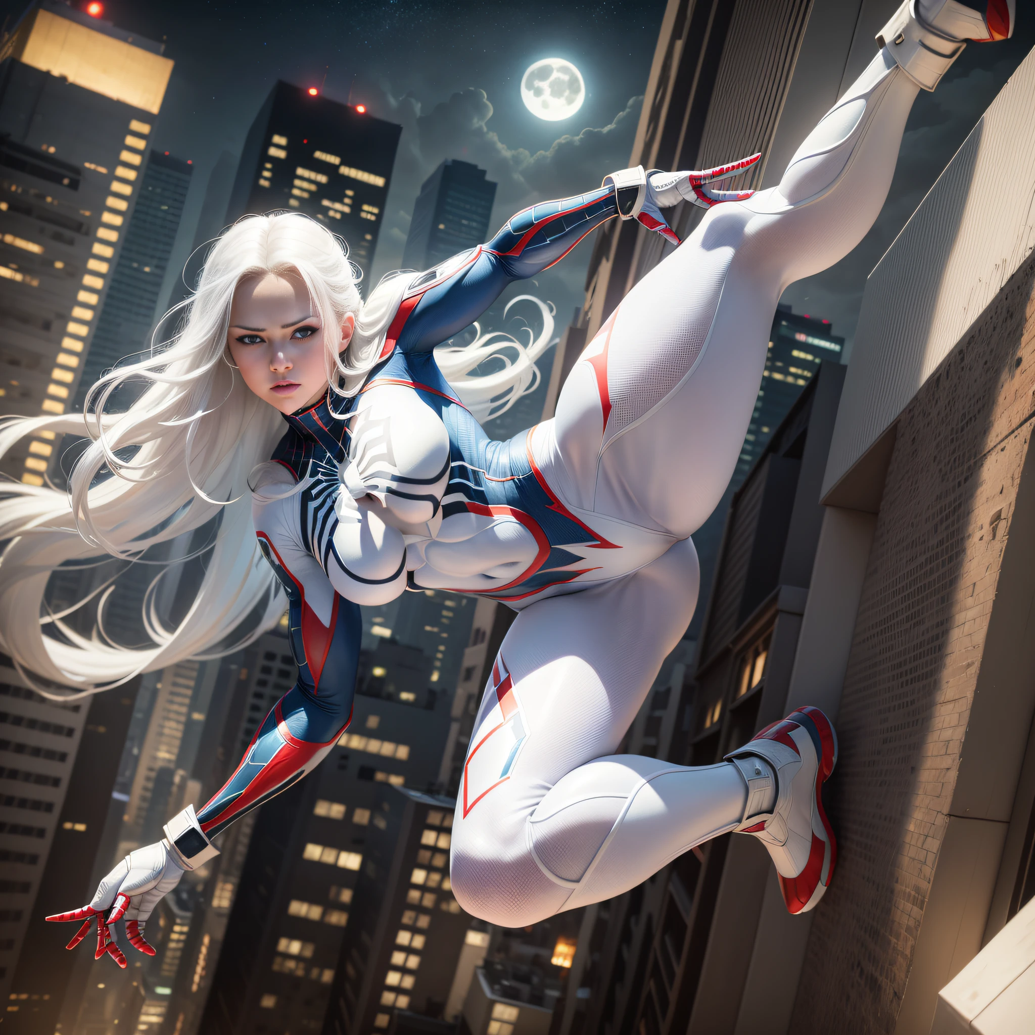 (Masterpiece, 4k resolution, ultra-realistic, very detailed), (White superhero theme, charismatic, there's a girl on top of town, wearing Spider-Man costume, she's a superhero), [ ((25 years), (long white hair:1.2), full body, (blue eyes:1.2), ((Spider-Man pose),show of strength, jumping from one building to another), ((sandy urban environment):0.8)| (cityscape, at night, dynamic lights), (full moon))] # Explanation: The Prompt mainly describes a 4K painting of ultra-high definition, very realistic, very detailed. It shows a superheroine at the top of the city, wearing a Spider-Man costume. The theme in the painting is a white superhero theme, the female protagonist has long white hair, is 25 years old and her entire body is shown in the painting. In terms of portraying the actions of superheroines, spiders are employed