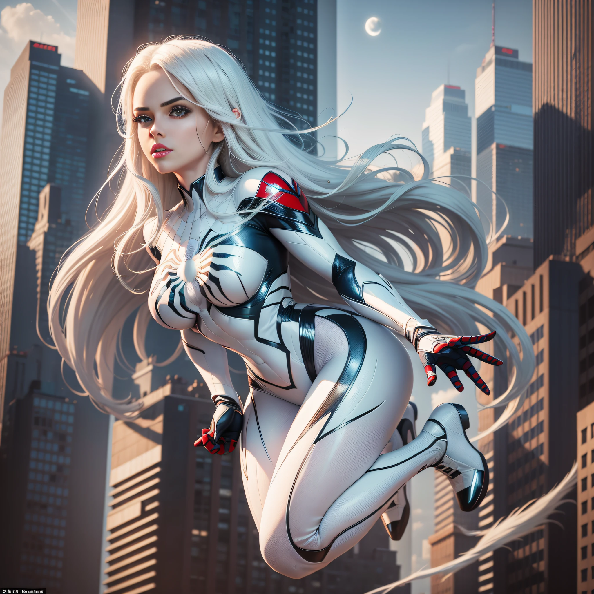 (Masterpiece, 4k resolution, ultra-realistic, very detailed), (White superhero theme, charismatic, there's a girl on top of town, wearing Spider-Man costume, she's a superhero), [ ((25 years), (long white hair:1.2), full body, (blue eyes:1.2), ((Spider-Man pose),show of strength, jumping from one building to another), ((sandy urban environment):0.8)| (cityscape, at night, dynamic lights), (full moon))] # Explanation: The Prompt mainly describes a 4K painting of ultra-high definition, very realistic, very detailed. It shows a superheroine at the top of the city, wearing a Spider-Man costume. The theme in the painting is a white superhero theme, the female protagonist has long white hair, is 25 years old and her entire body is shown in the painting. In terms of portraying the actions of superheroines, spiders are employed