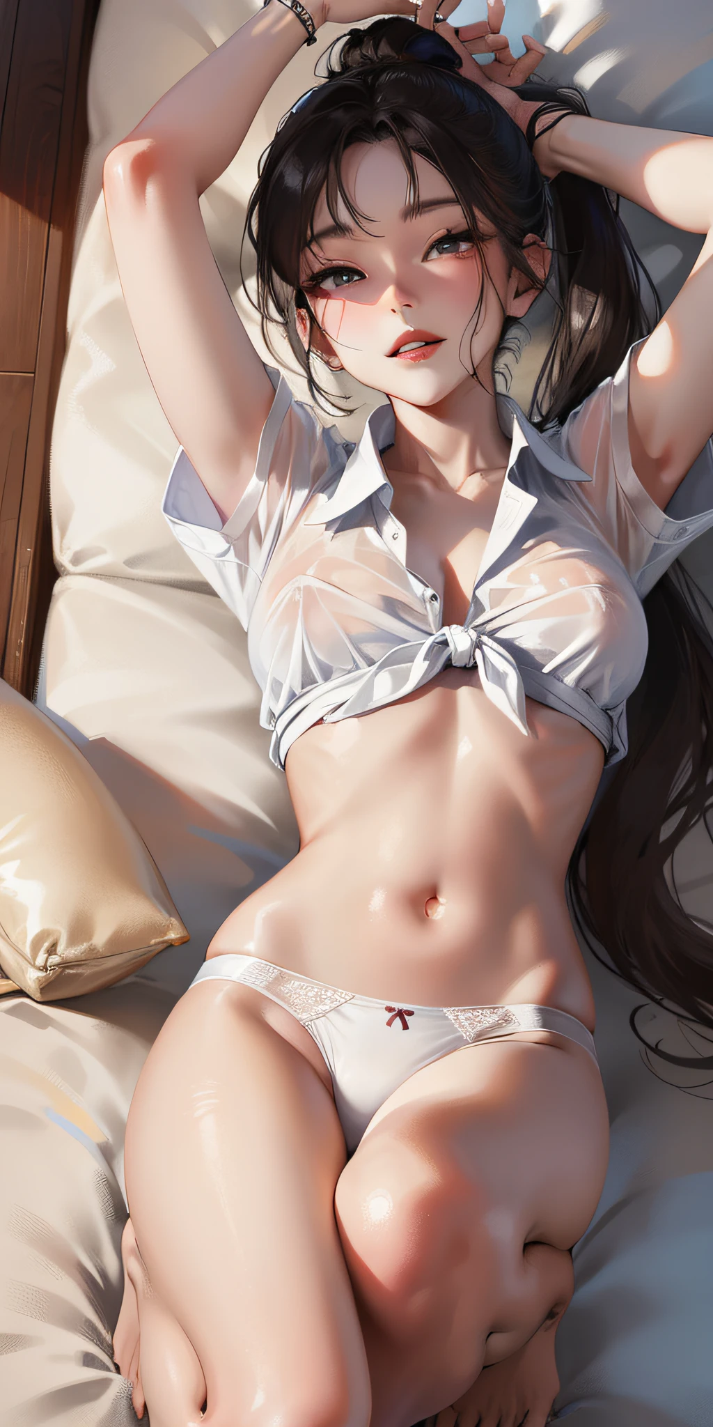 perfect asian woman, wasp waist, loose white shirt, white undies, fixing hair, tying ponytail, kneeling, looking up, from above, suggestive smile, masterpiece, see-through underwear