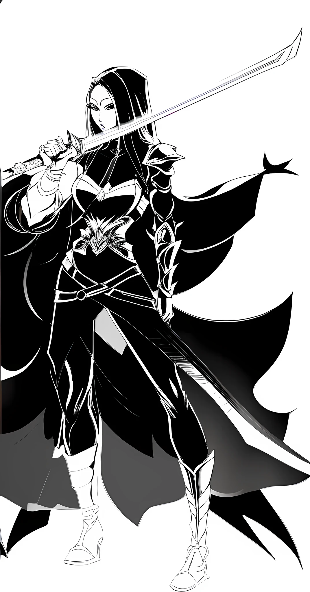 a drawing of a woman in a long dress holding a sword, sharp lineart, clean lineart, perfect lineart, simple lineart, bold lineart, full body character drawing, clean anime outlines, thick lineart, outline sketch, lineart, full body concept, full body drawing, detailed full body concept, intense line art, cell shaded adult animation