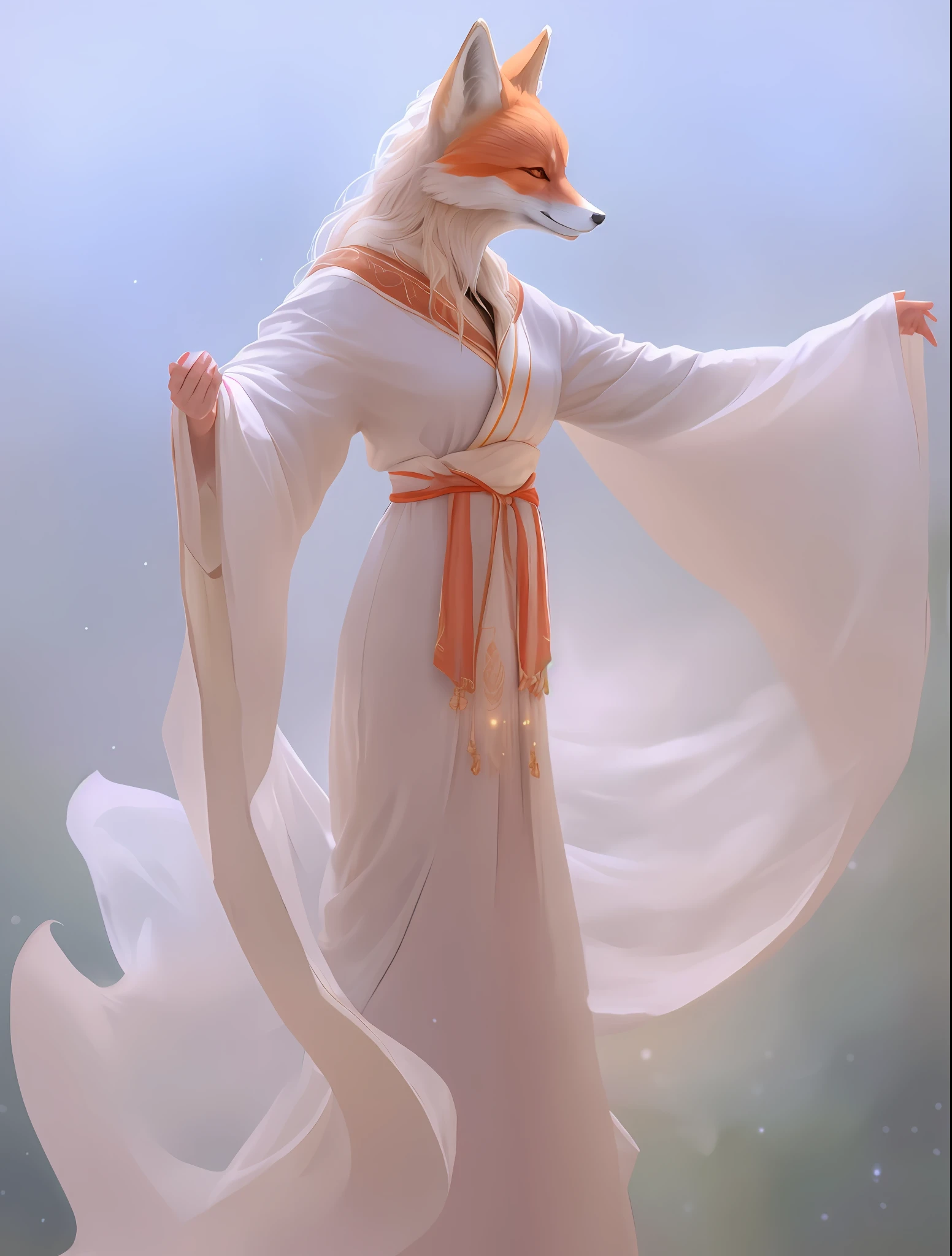 There is a beautiful fox lady wearing a white robe, an ethereal fox, a beautiful fox woman, a fox, a flowing white robe, a flowing robe, a spirit fox, a flowing magic robe, a fantasy fox love, a flowing robe, wearing a flowing robe
