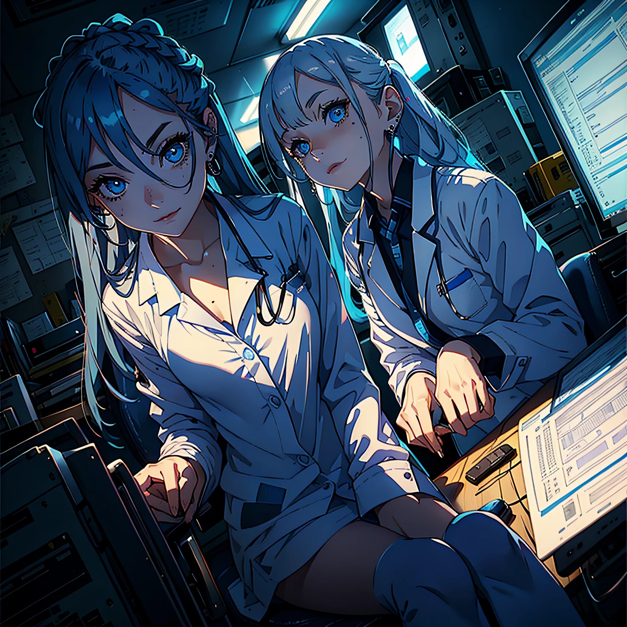1 girl, long blue hair, big blue eyes, doctor, sitting in office, white uniform, computer, moles under eyes, earrings, light smile, first-person perspective, masterpiece, high quality
