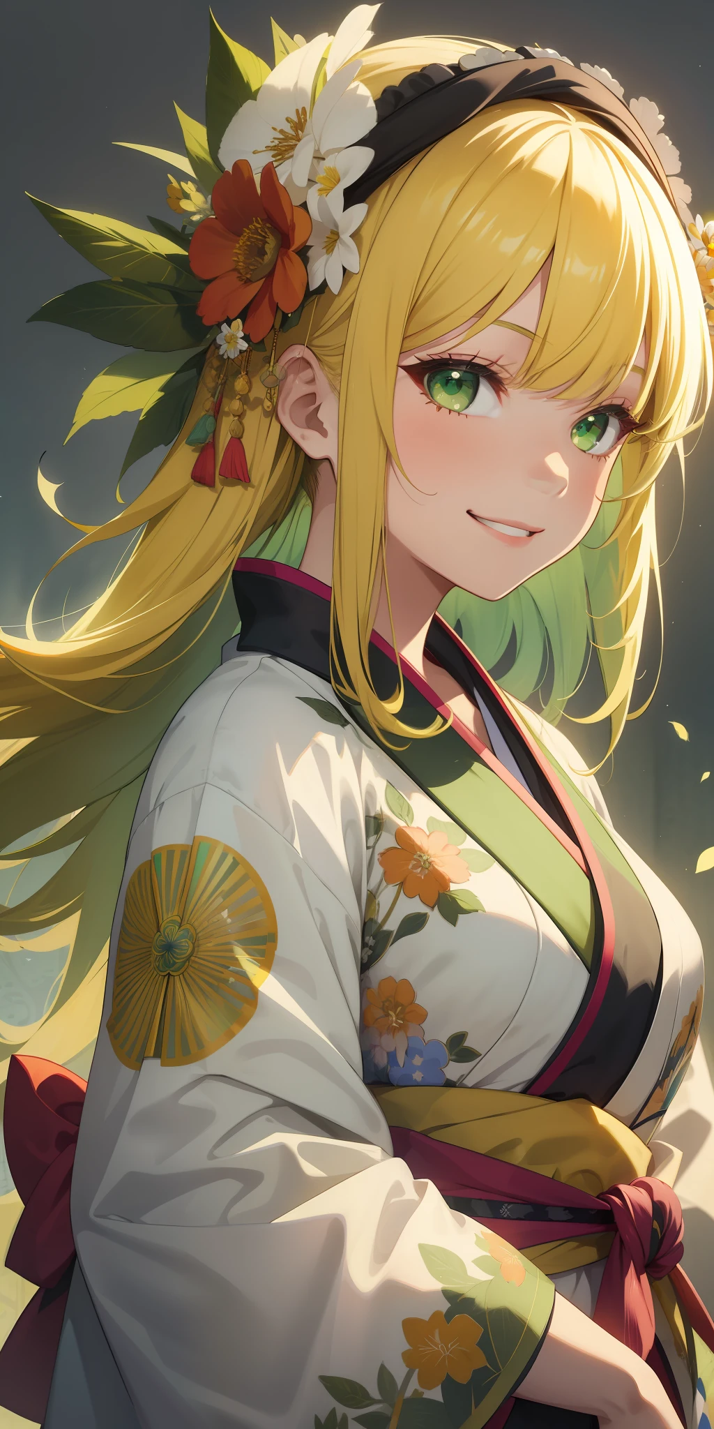 best quality, 1girl, yellow hair, side swept bangs, sidelocks, green eyes, tied hair, traditional clothes, kimono, flower on head, smile, grin, text, logo, culture, face, colorful background, rainbow