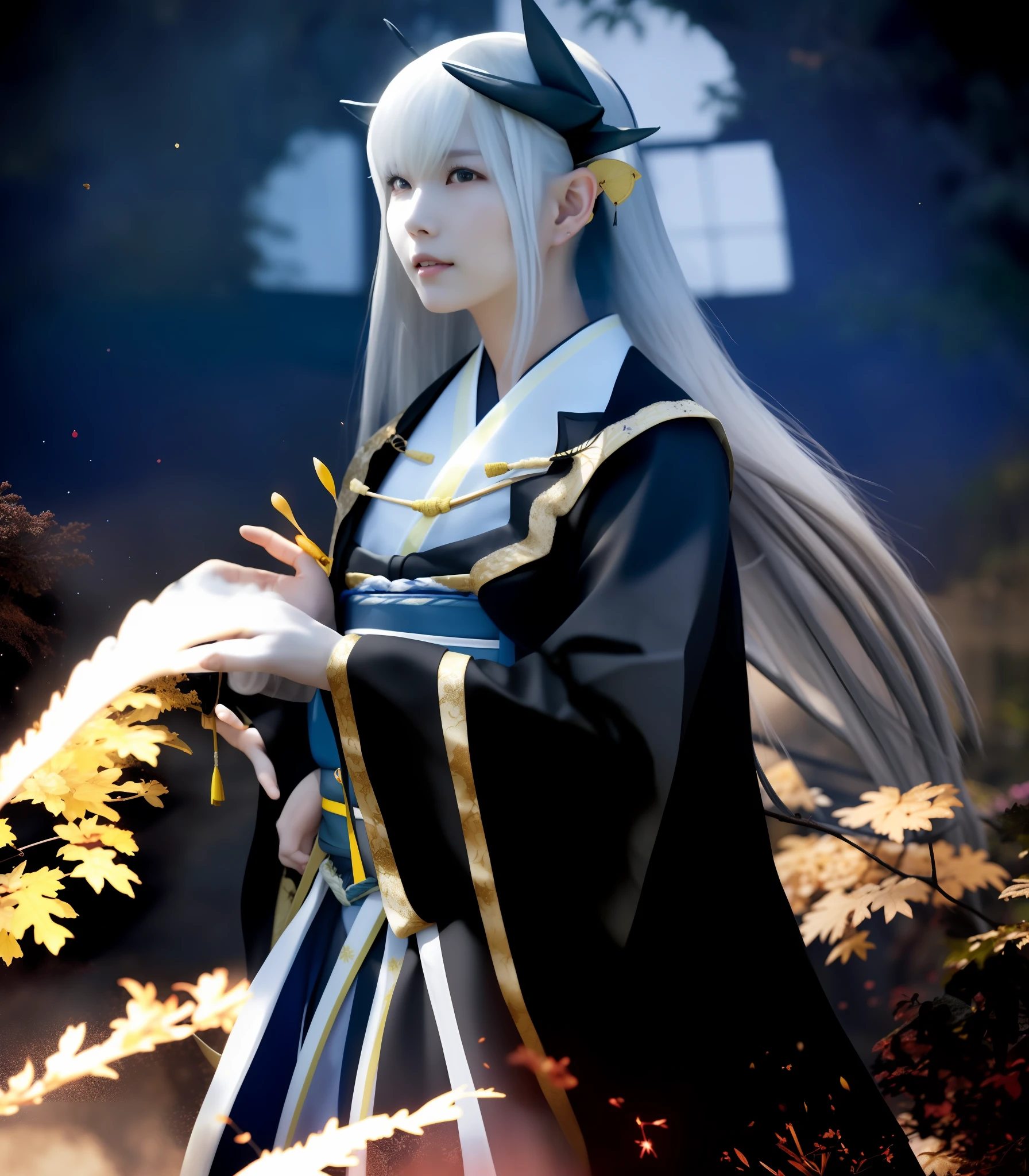 (8K, highest quality, masterpiece: 1.2), (realistic, photorealistic: 1.37), ultra detailed, (masterpiece, highest quality, high definition),
Berserker 3, Black Kimono, 1 Girl, Solo, Longhair, Hand Fan, Horn, Japanese Clothing, Kimono, ,Silver Hair,Smile, Look at Beholder, Hug, Hug Fan, White Hair, Wide Sleeve, Super Long Hair, Embers, Ryu Kaku, Sash, Fan, Long Sleeve, Hair Ornament, Obi, Cowboy Shot, Bangs