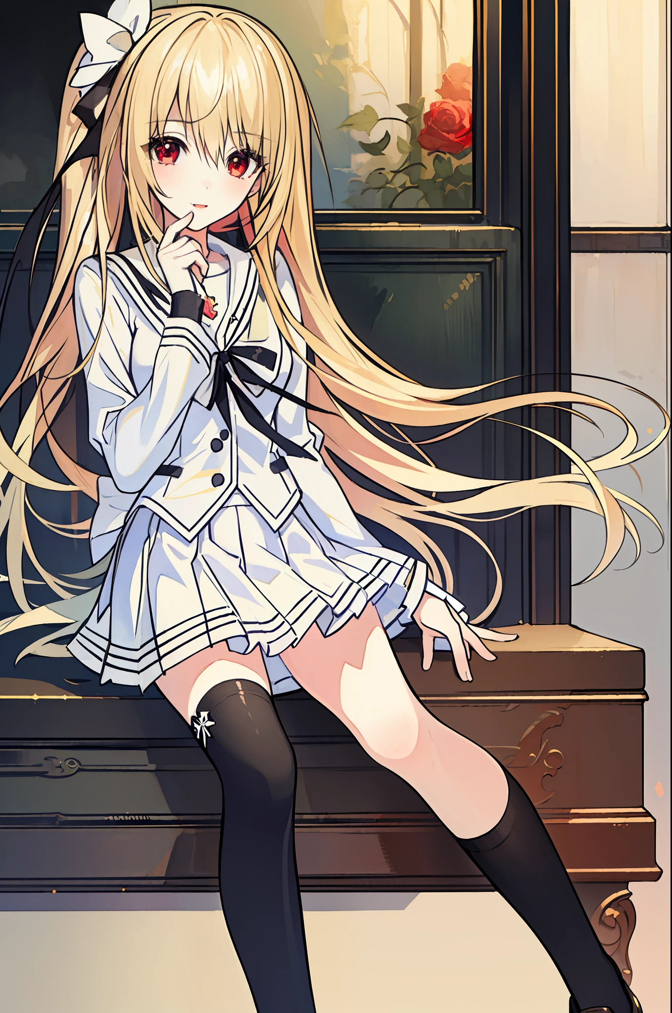 18 year old beautiful girl, ((((Masterpiece)))), ((highest quality)))), (((very detailed))), detailed fingers, illustration, 1 girl, solo, blonde right side pony, blonde long hair, white ribbon on right hair, white school uniform, red eyes, white mini skirt, white knee socks, black shoes, dynamic pose, MAYURI