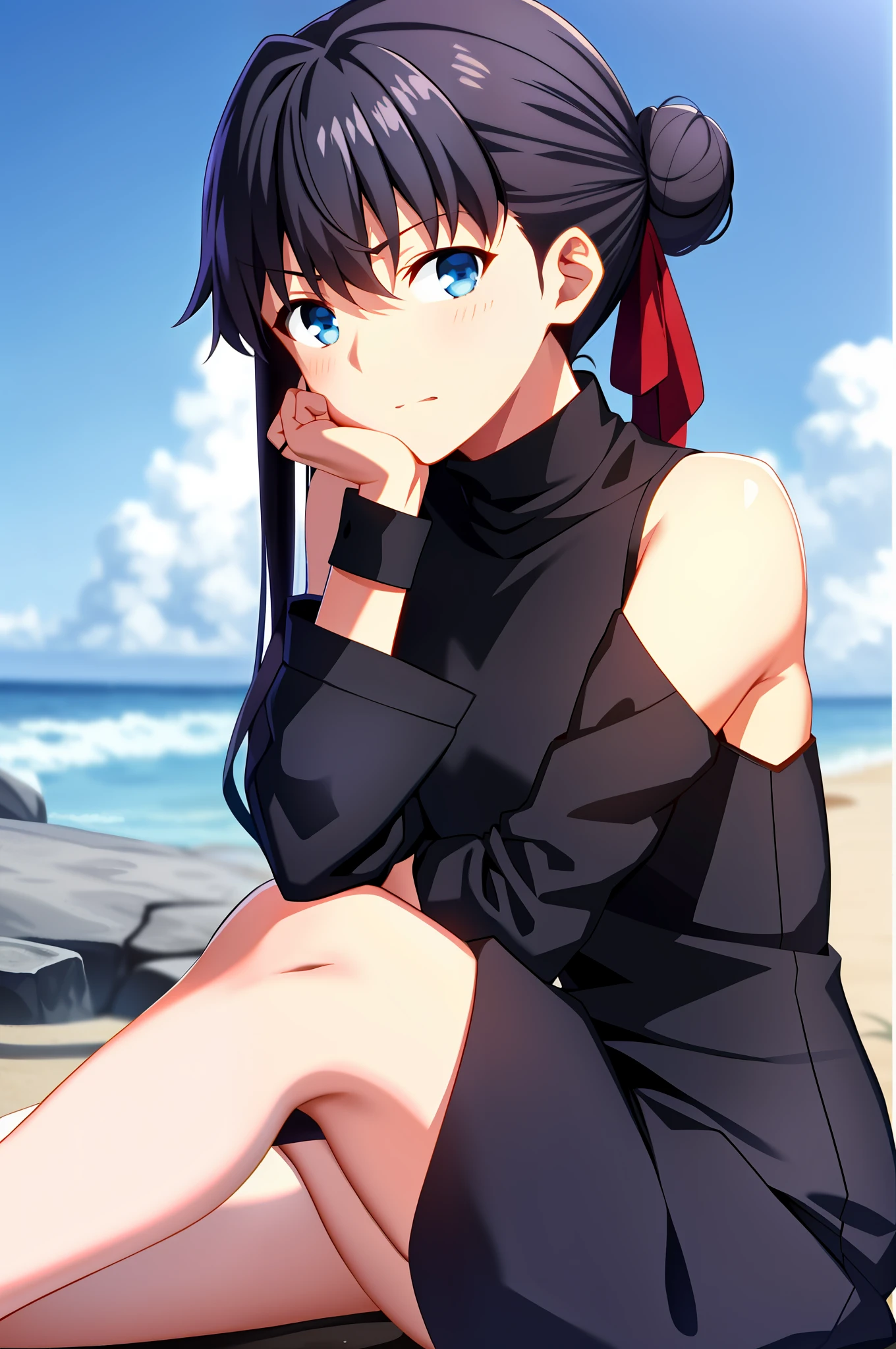 ufotable style, best quality, 1girl, solo, looking at viewer, black bikini, black bikini bottom, string bikini, black hair, wolfcut, shoulder length hair, hair tied in bun, blue eyes, hair between eyes, ufotable screen cap, full body, no shoes, pretty feet, beach,