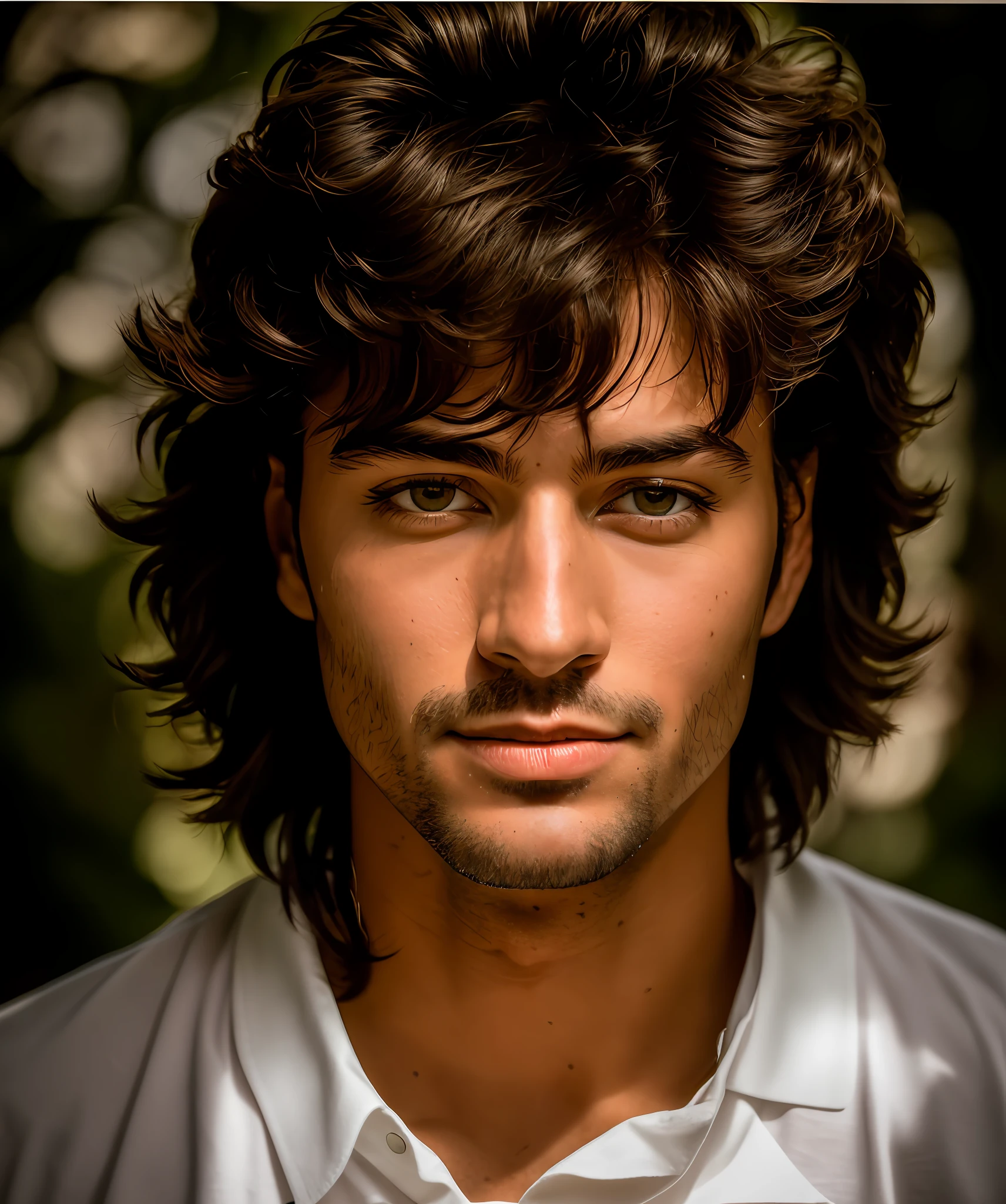 Masterpiece, Rubão, man, Brazilian: 1.2 walking through the jungle at night in a firefly, (high detail:1 1), rough face, natural skin, wearing white fashion polo shirt, high quality, nsfw, beautiful eyes, (detailed face and eyes), (face: 1 2), noise, extra, real photo, psd, light film photography, light focus, contrast lighting, detailed skin, high resolution 8k, crazy detail, realistic, professional photography, 8k UHD, DSLR camera, soft light, high quality, grain film, Fujifilm XT3