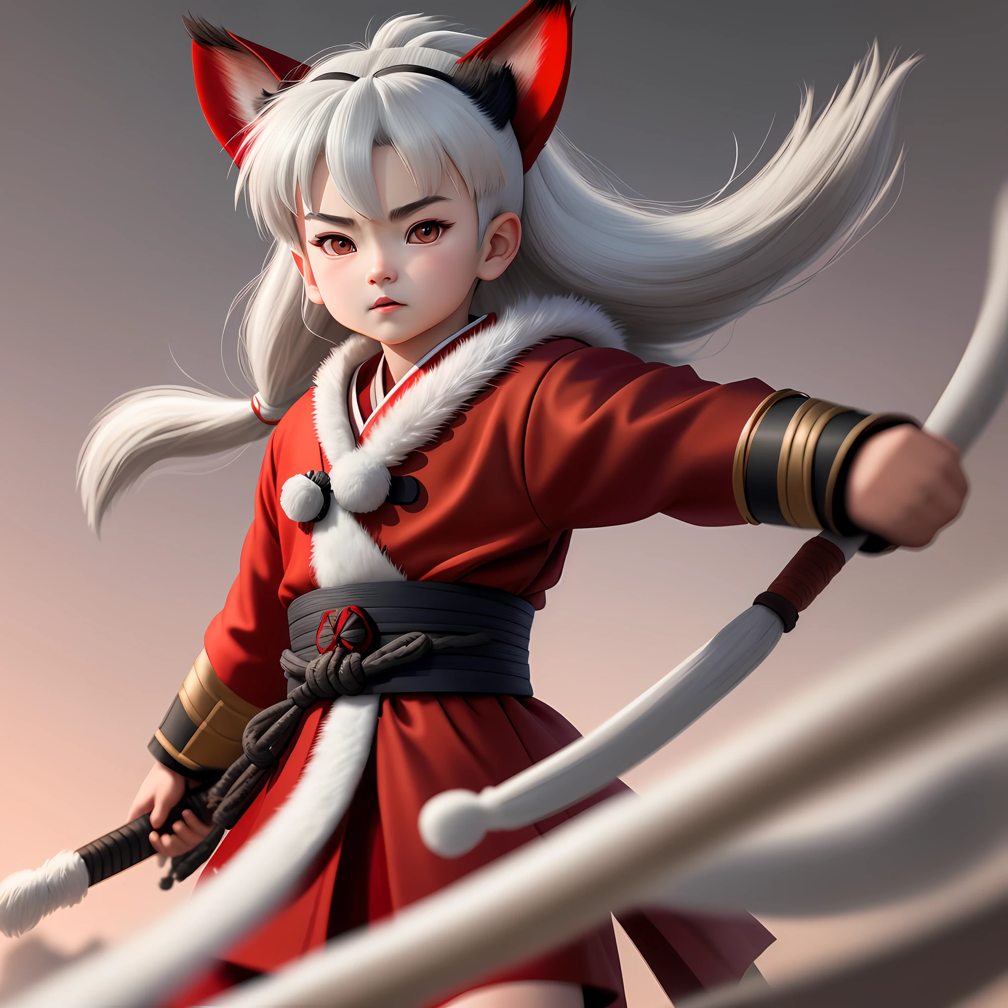 InuYasha baby, portrait photo, light eyes, samurai haircut, red coat, closed face, front view, maya 3d, rendering man, 32k uhd, gray background, happy