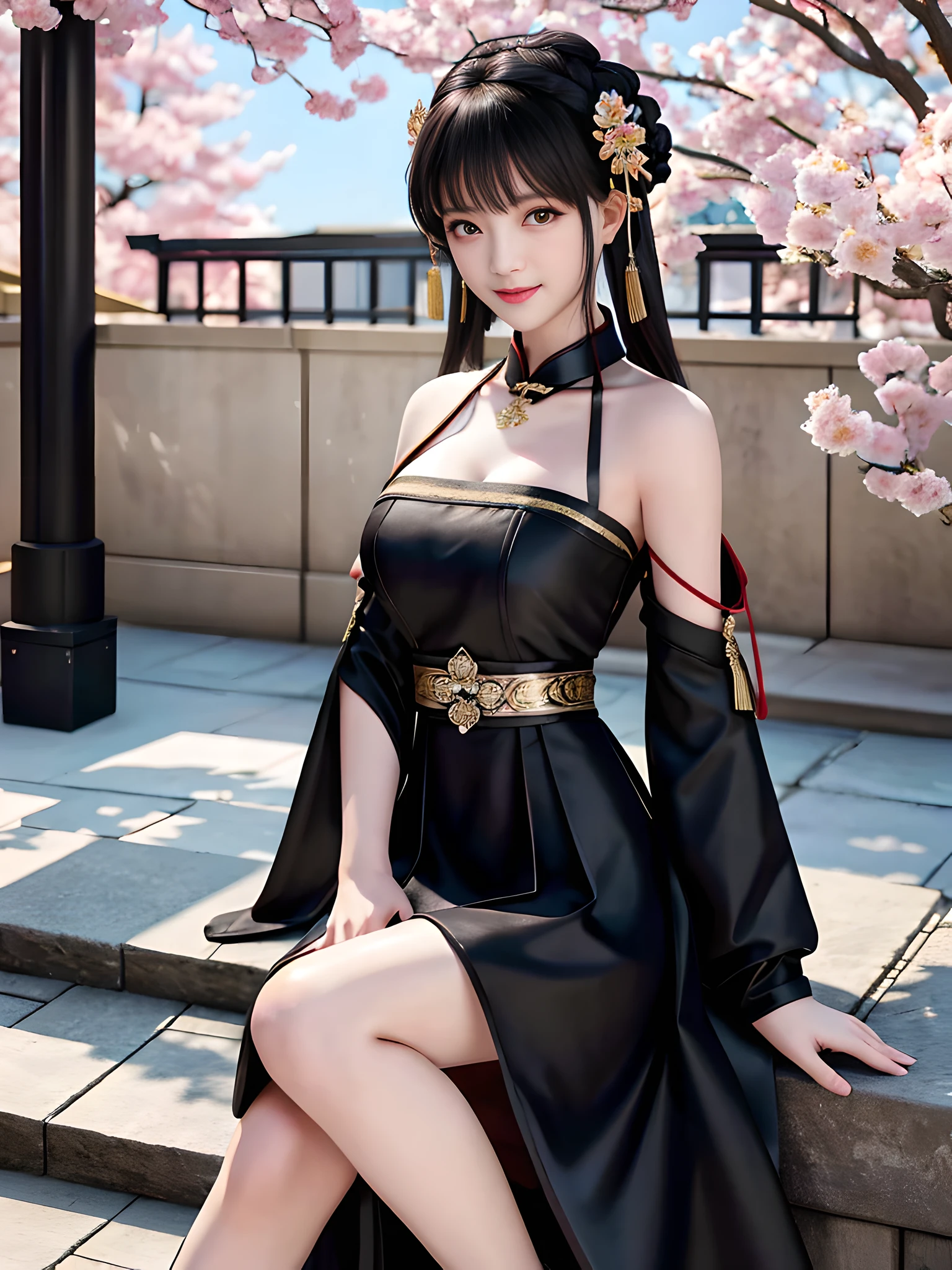 Excellent, masterpiece, high quality, high resolution, 8k, wallpaper, very realistic, (((a girl))), (solo))), sitting on a stone, facing the audience, blush, star pupils, (realistic face), (high detail face), bright big eyes, (smile: 0.9), sweet smile, beautiful and delicate face, sexy body, (high detail skin: 1.2), Chinese hanfu, ((black dress)), short skirt, leaky shoulders, leaky thighs, bandeau, cleavage, medium chest, Black long hair, bangs, hair bun, detailed hair accessories, necklace, jewelry, beauty, realistic, light, Chinese style ancient courtyard, courtyard full of plum blossoms, detailed background, 8k uhd, SLR, soft light, high quality, volumetric lighting, candid shot, photo, high resolution, 4k