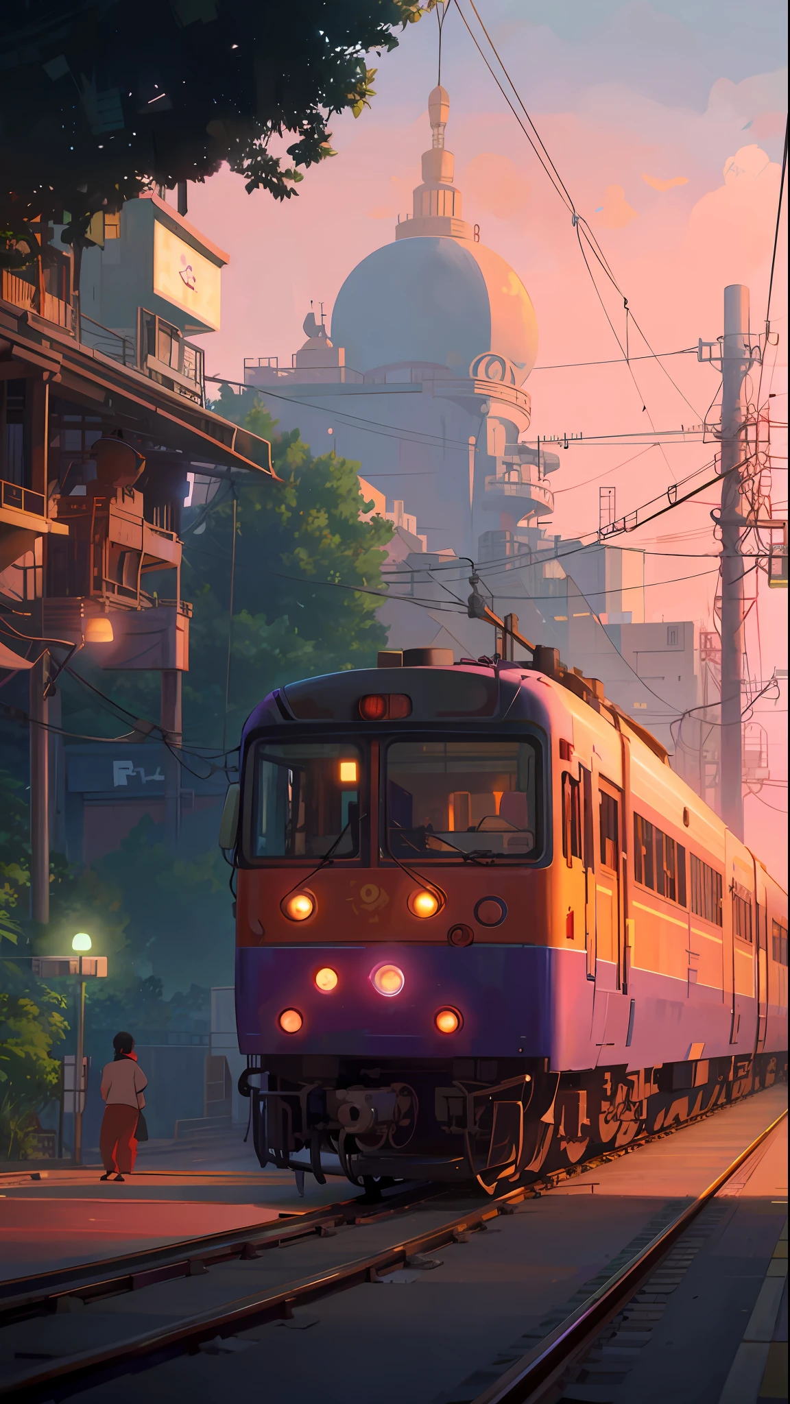 purple and orange train on tracks near buildings and a person, octane render. by makoto shinkai, in style of atey ghailan, inspired by Atey Ghailan, japanese city, atey ghailan 8 k, makoto shinkai. octane render, style of makoto shinkai, tokyo anime scene